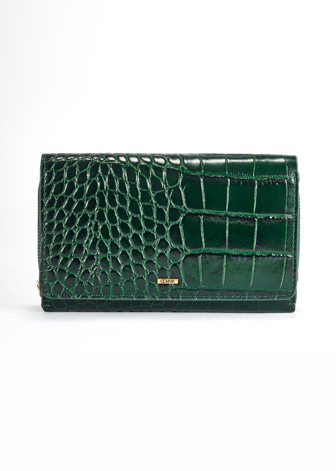 Dark green croco women's wallet PORES-0951-51(W25) - front product view on white background.