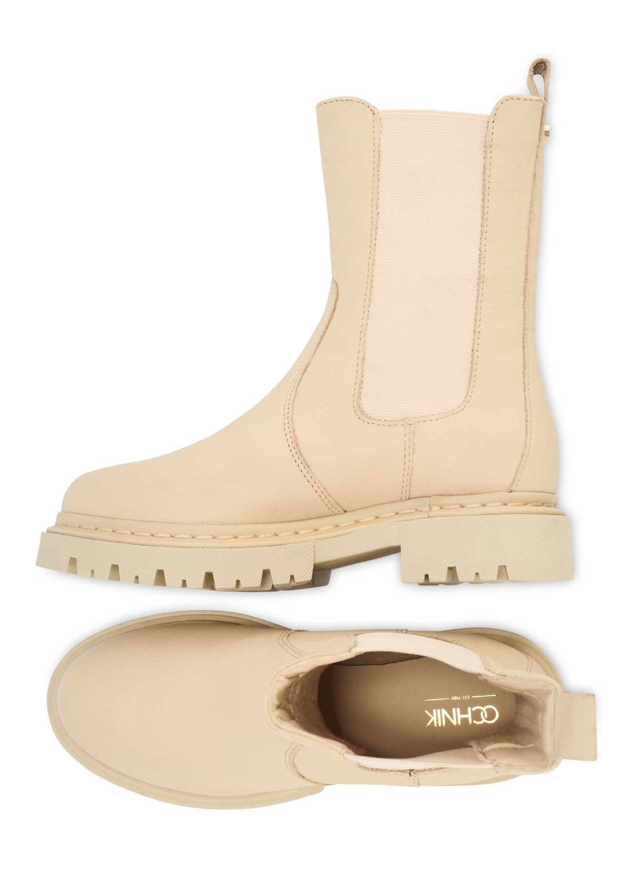 Beige leather women's Chelsea boots BUTYD-1092-81(Z25), product view from the side and top on a white background.