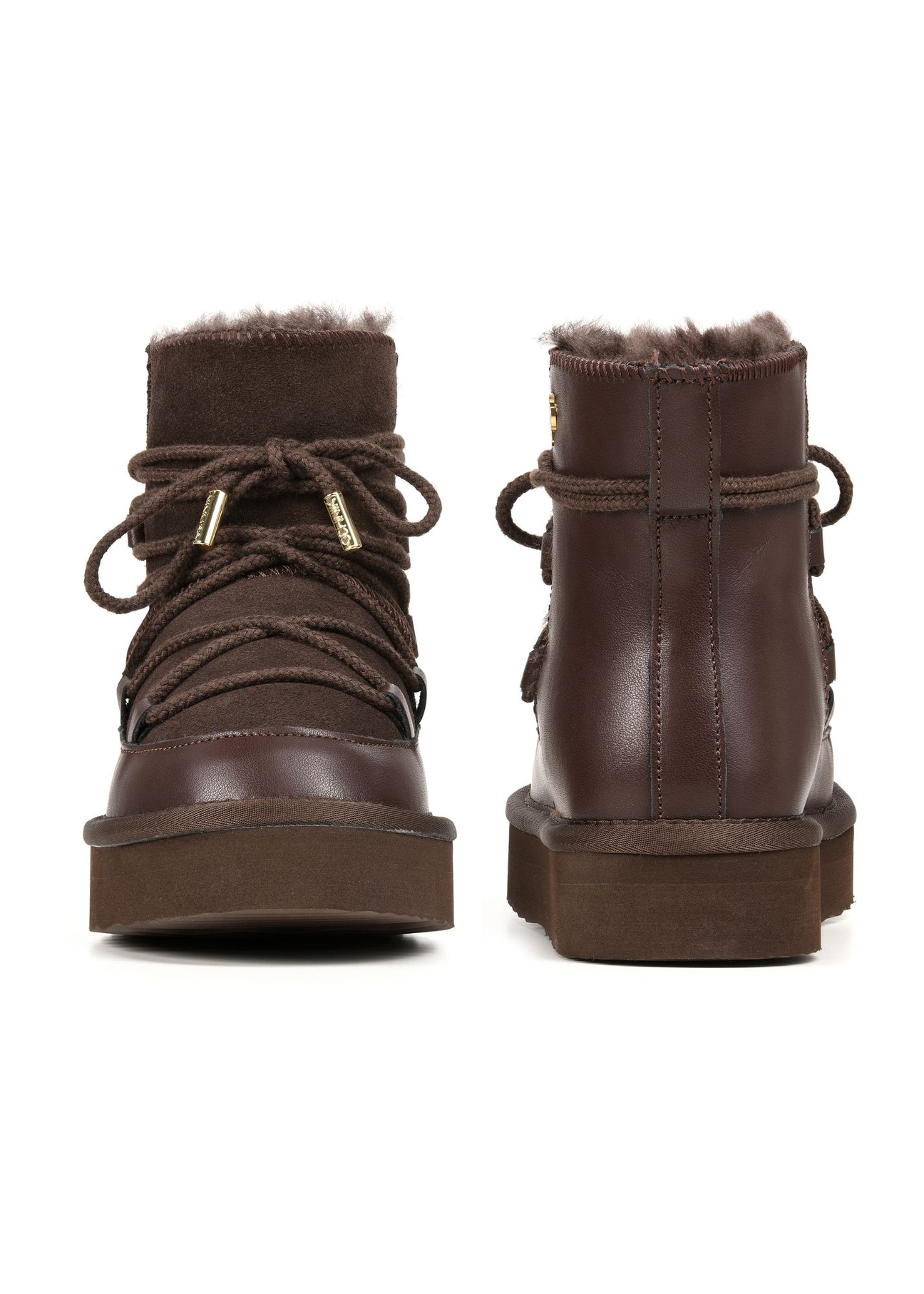 Chocolate women's snow boots BUTYD-1221-1I(Z26), front and back product view on white background.