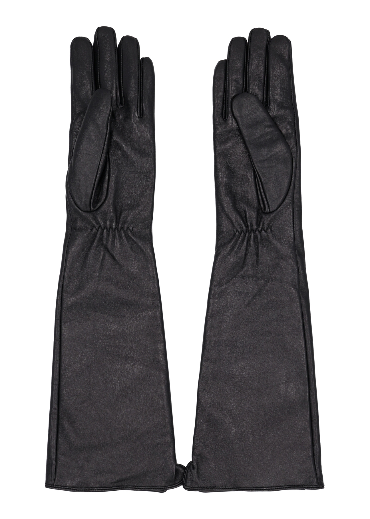Long leather black women's croco gloves REKDS-0088-9G(Z26), product view from the back on a white background.