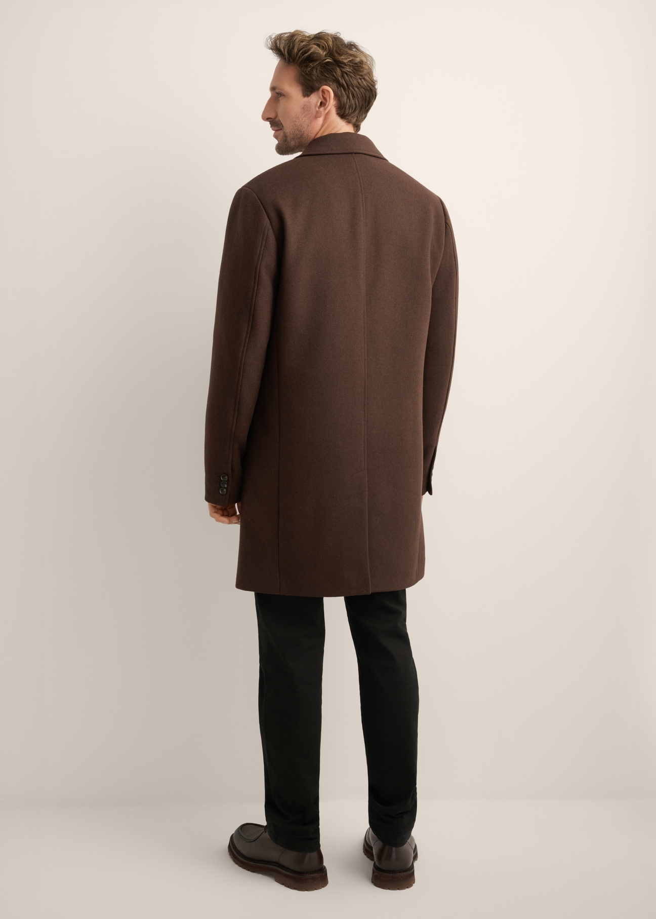 Men's brown wool coat PLAMT-0006-1I(Z26), product view from the back on the model. Full body visible.