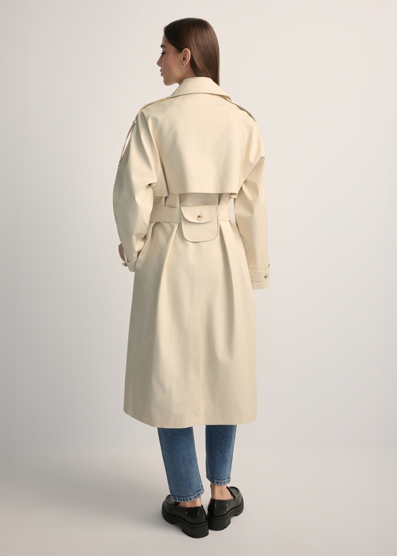 Long cream oversize women's coat KURDT-0659-0C(W26) - product view from the back, on a model, against a light background. Full silhouette visible.
