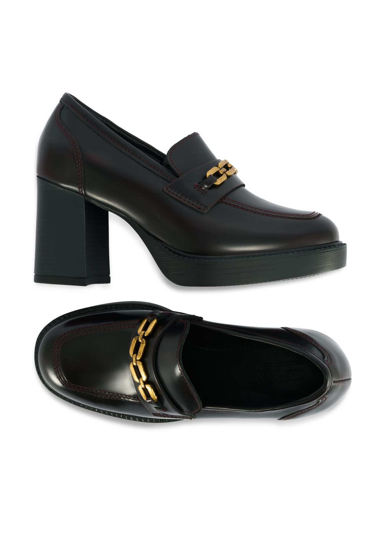 Burgundy leather block heel loafers BUTYD-1191-49(Z25) - top view of the product on a white background.