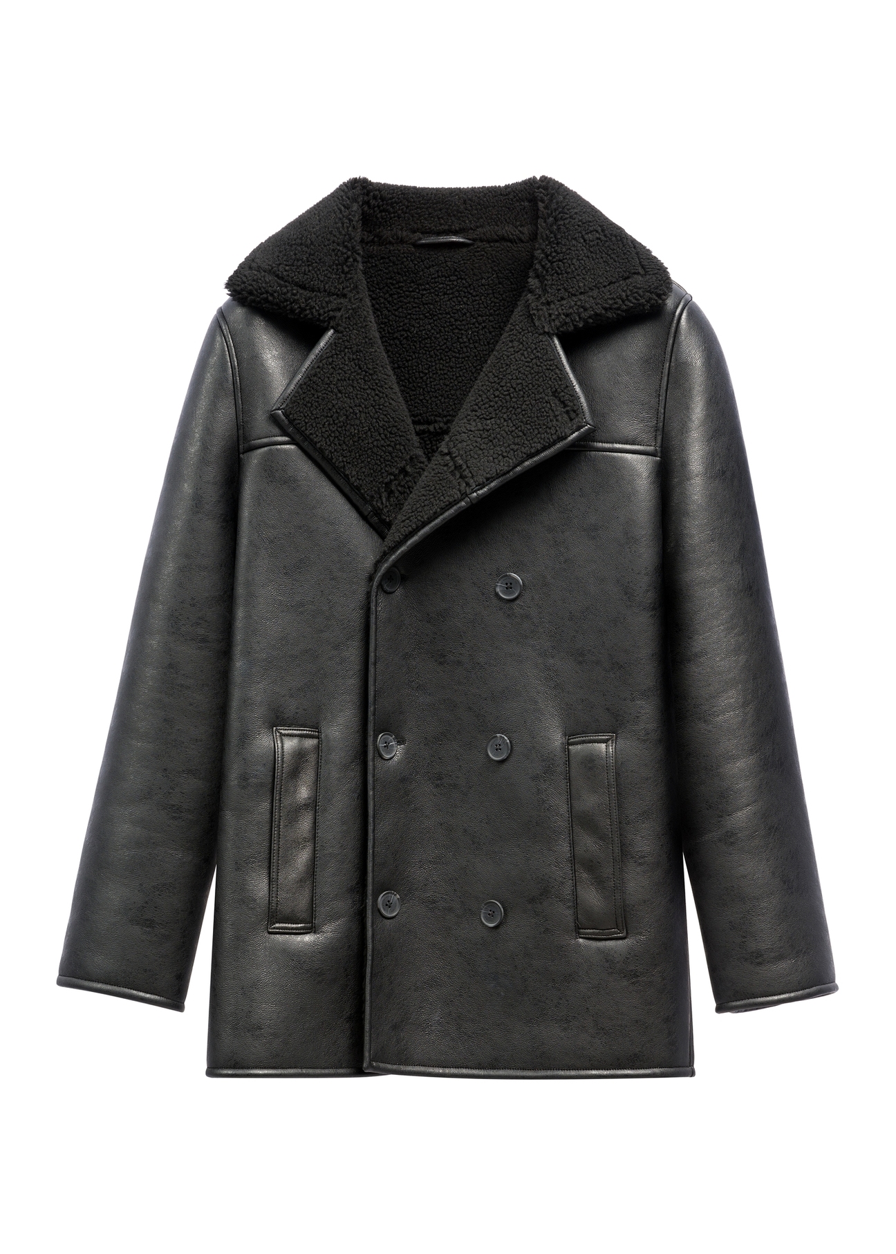 Black men's sheepskin coat KOZMP-0012-99(Z26), front product view on white background.