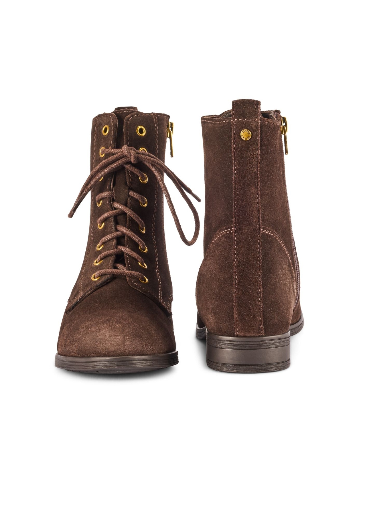 Women's brown suede ankle boots BUTYD-1008-1I(Z26), front and back product view on white background.