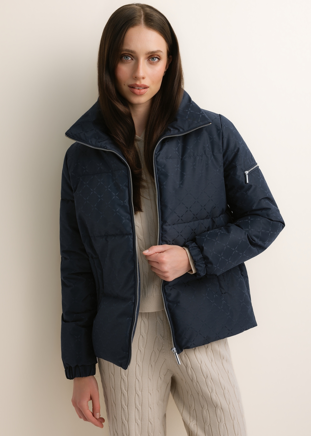 Women's navy blue monogram-print jacket with a stand-up collar (KURDT-0694-7E(Z26)); front view on a model, showing half of the figure.