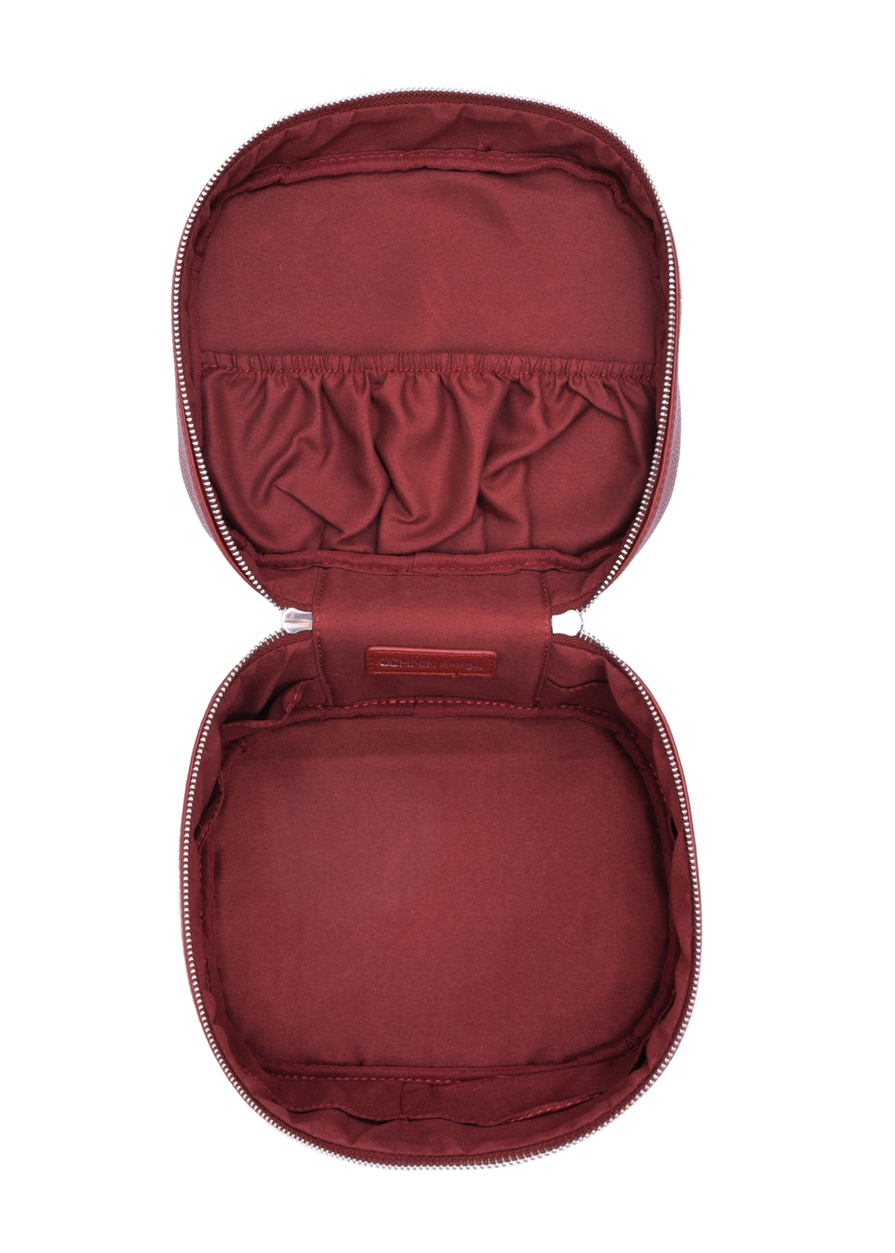 Red round women's cosmetic bag TOREC-0919-4C(Z26), product view from the inside on a white background.