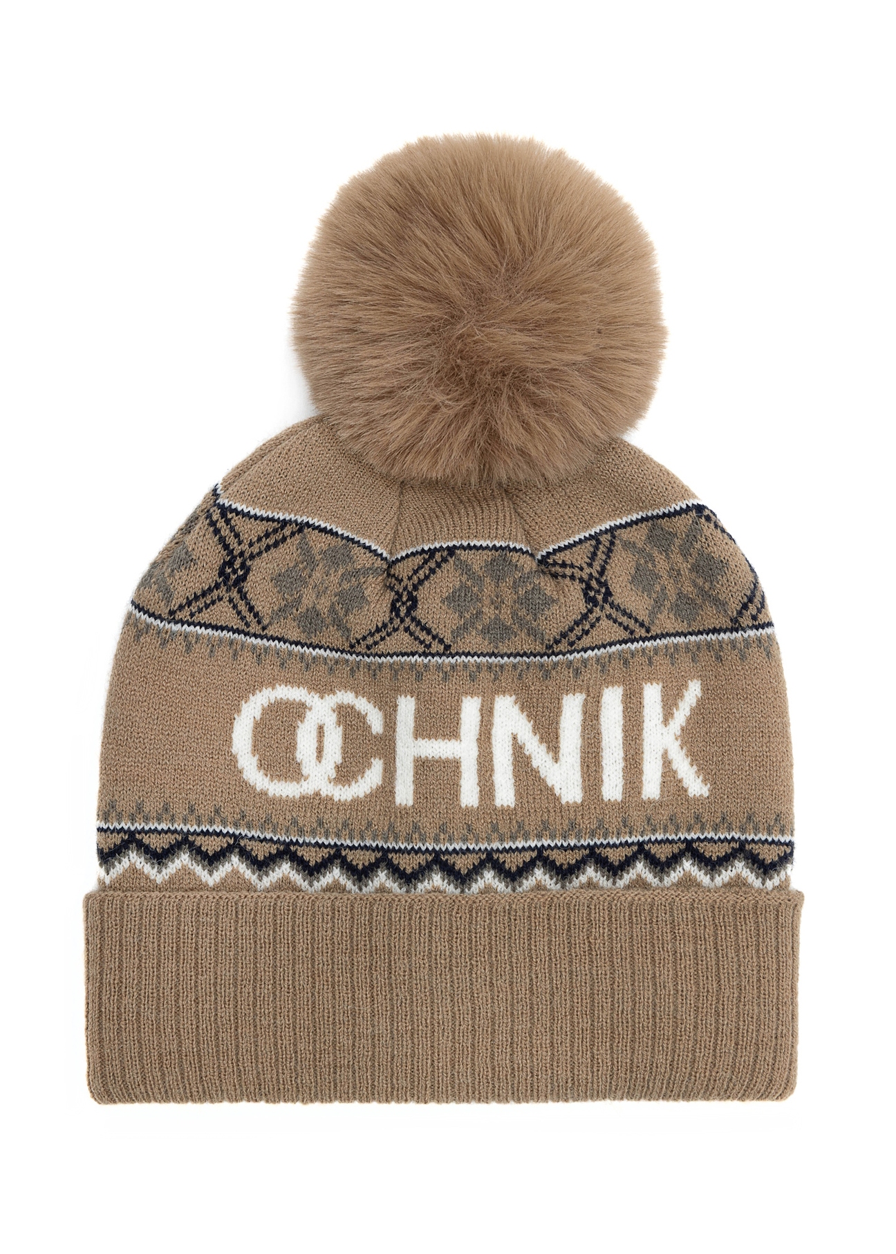 Beige men's hat with pompom CZADT-0083-81(Z 25) - front view of the product on a white background.