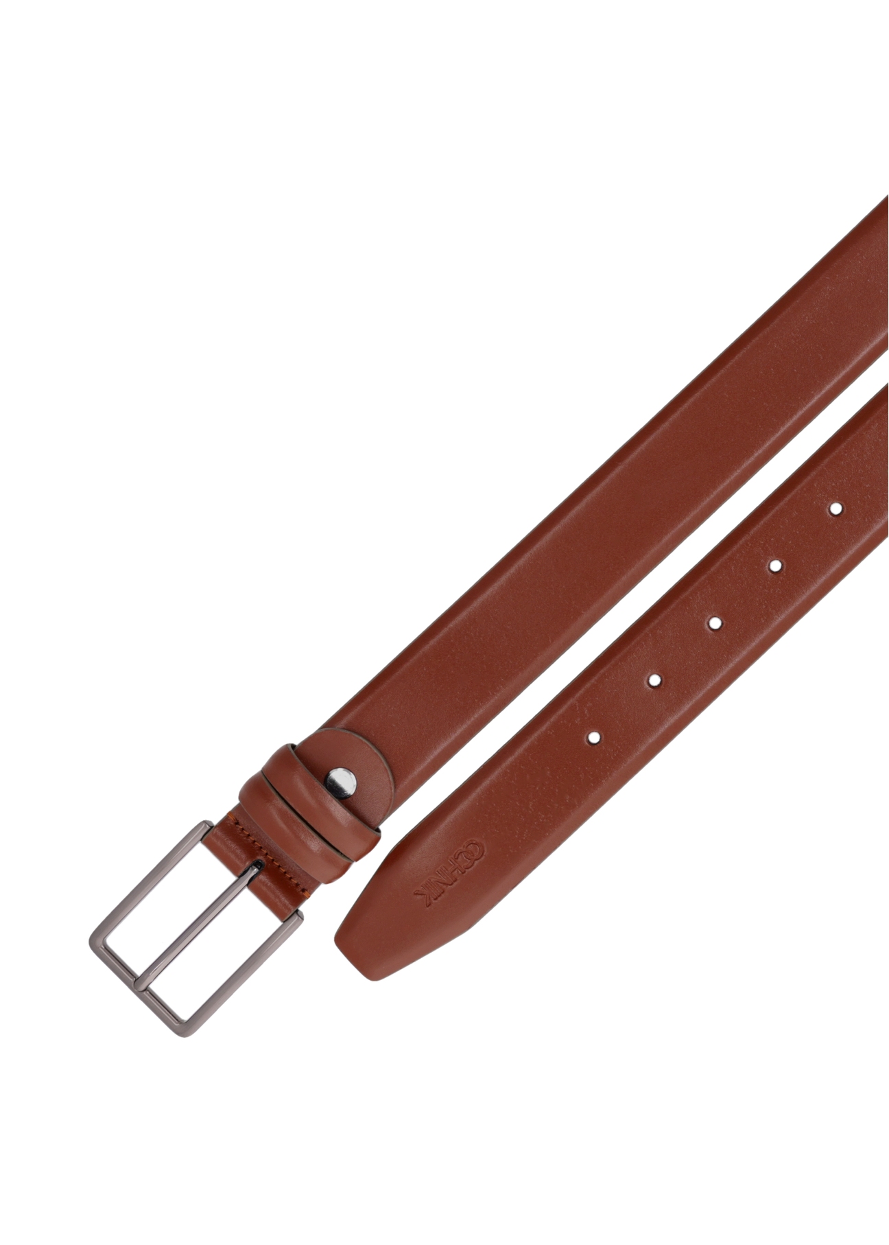 Cognac men's leather belt PASMS-0284-1F(Z26), top view of the product on a white background.