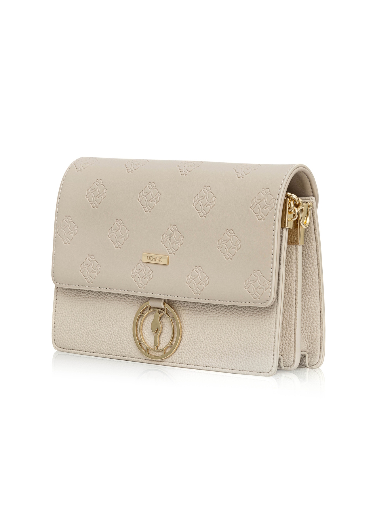 Cream women's handbag with monogram TOREC-0536C-12(Z25) - diagonal view of the product on a white background.