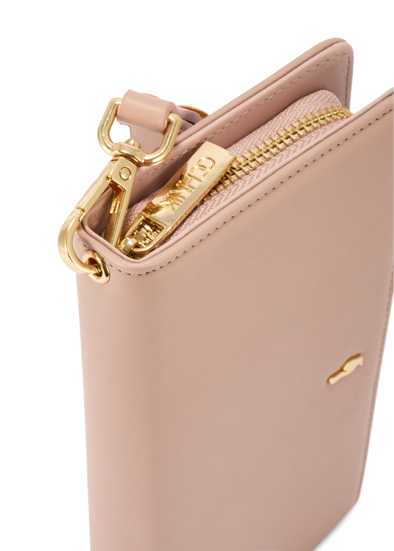Pink large wallet with decorative handle POREC-0417-31(Z25), close-up of product detail, view on white background.