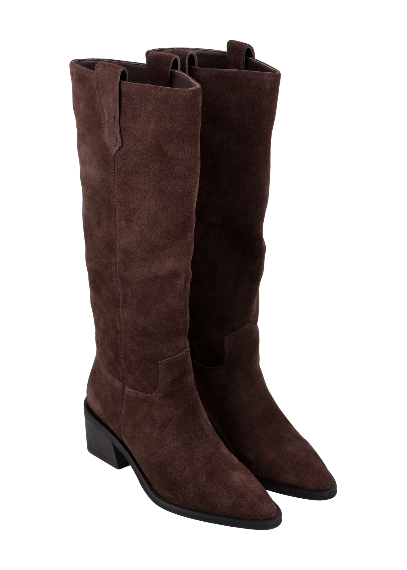 Women's dark brown suede boots BUTYD-1332-1I(Z26), angled product view on a white background.