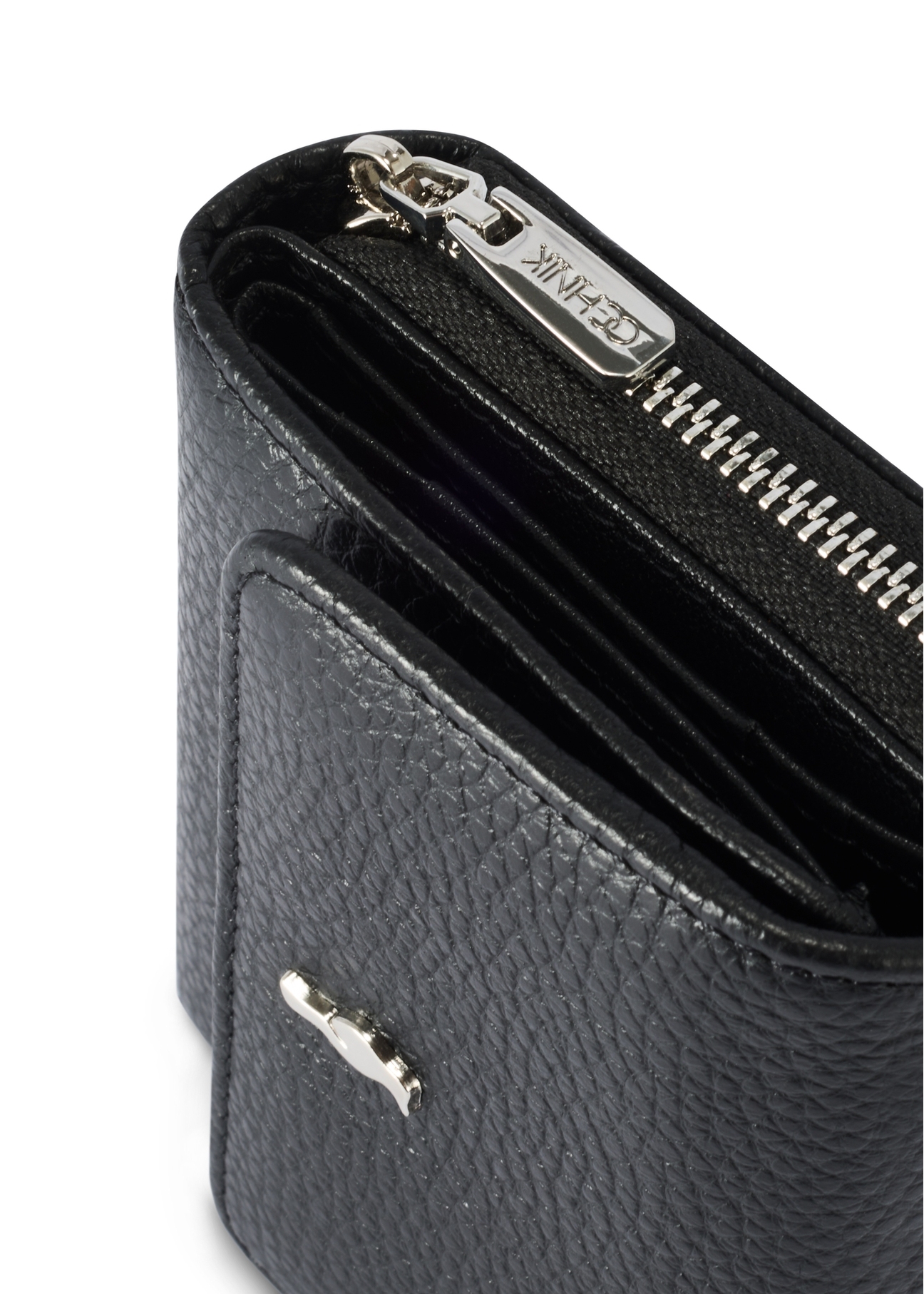 Black leather women's wallet PORES-0802 R-98(Z 25), close-up of the product detail, view on a white background.