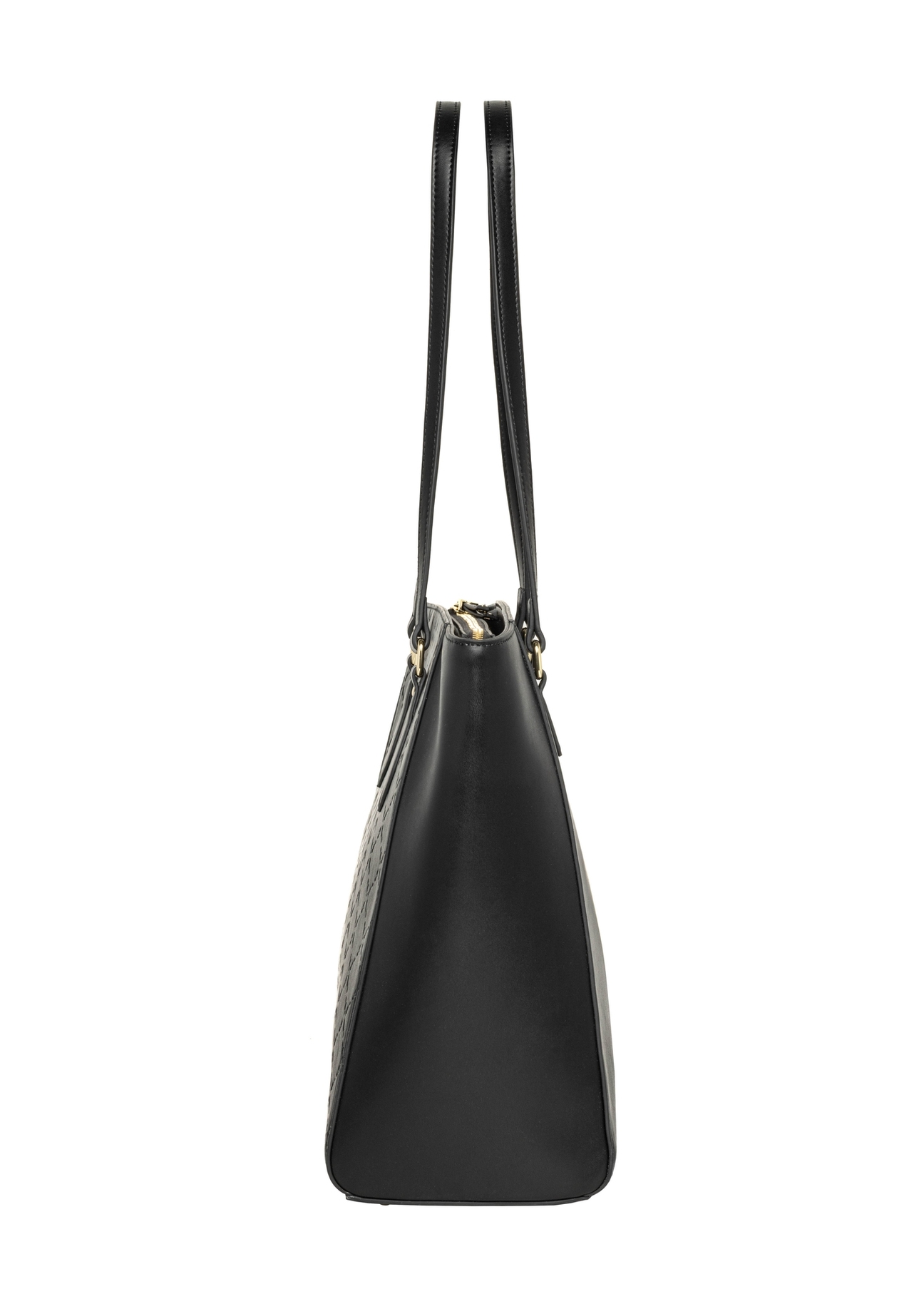 Black women's shopper bag with monogram TOREC-1291-9P(Z26), product view from the side on a white background.