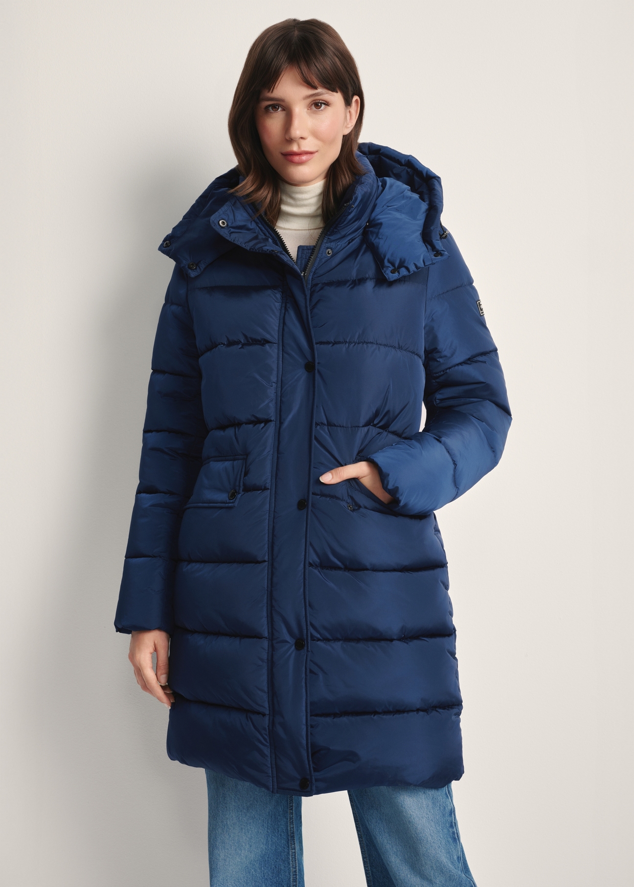 Navy blue women's winter jacket KURDT-0600-69(Z25) - front product view on a model on a white background.
