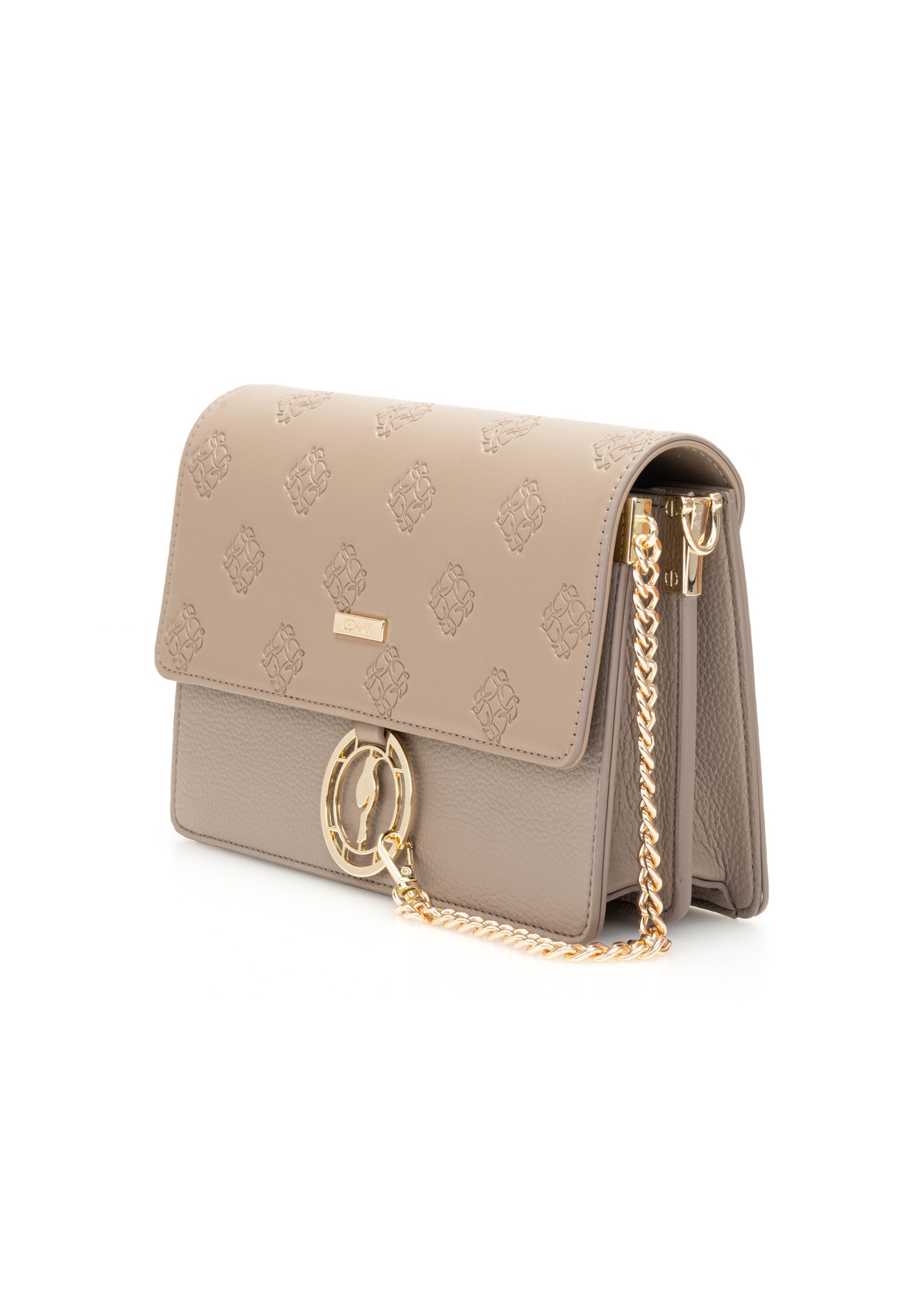 Dark beige women's handbag with monogram TOREC-0536-1K(W26), diagonal product view on a white background.