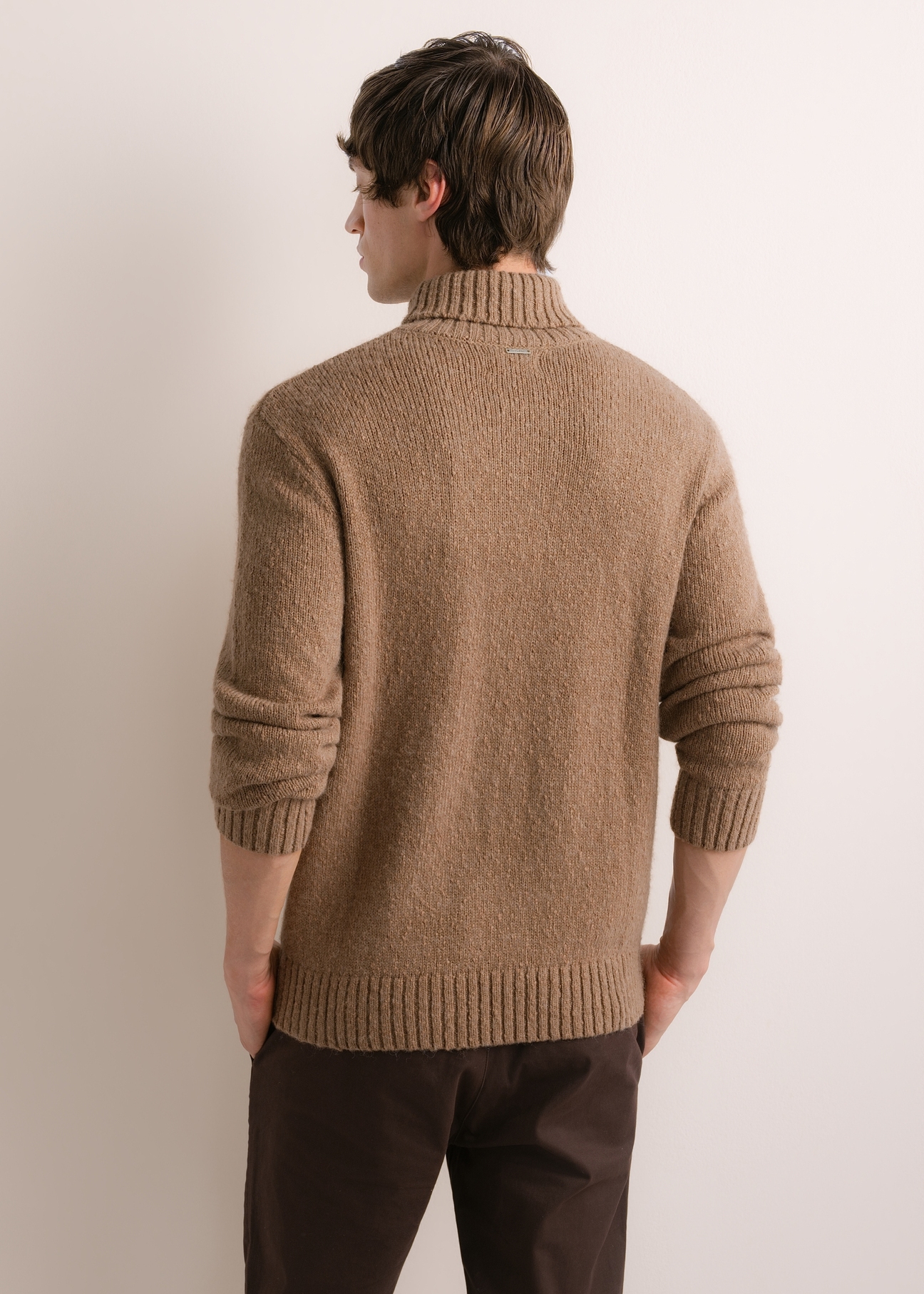 Men's turtleneck sweater in camel color SWEMT-0209-1D(Z26), product view from the back on the model. Half of the silhouette visible.