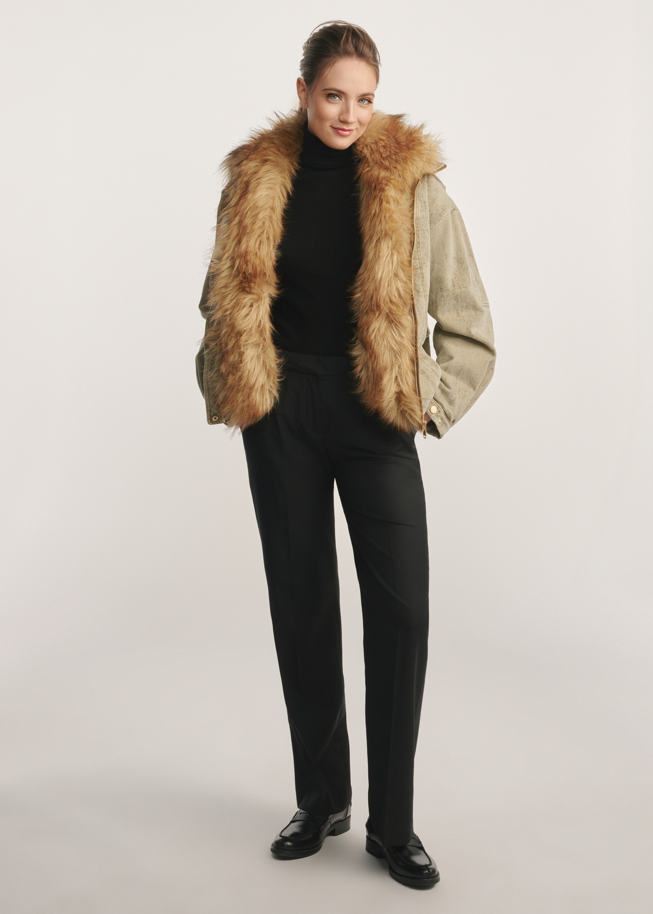 Women's olive green fur jacket KURDT-0611-57(Z25) - front product view on white background. Full body visible.
