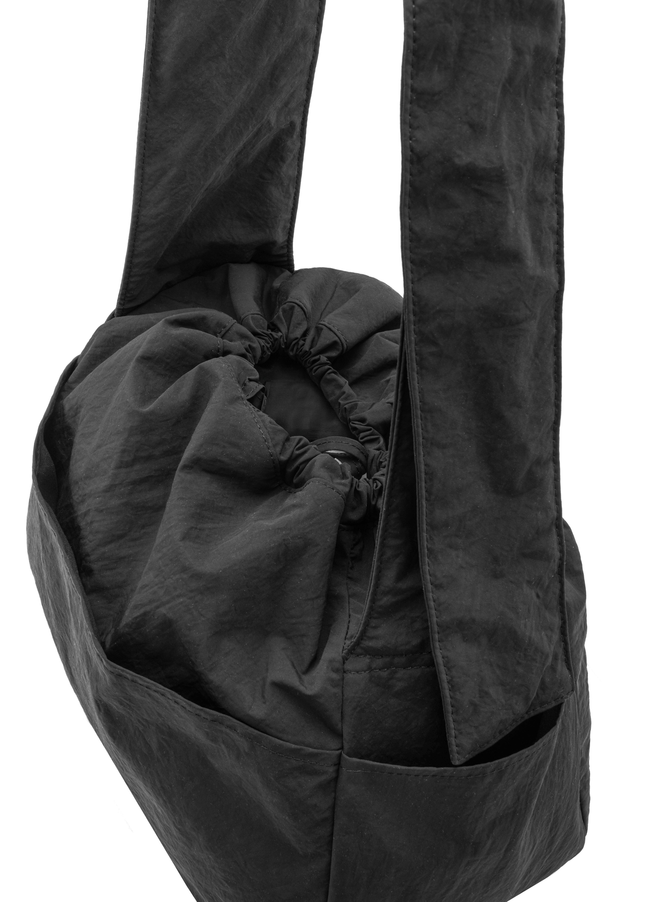 Black nylon bucket bag TOREN-0337-99(W26), close-up of product detail on white background.