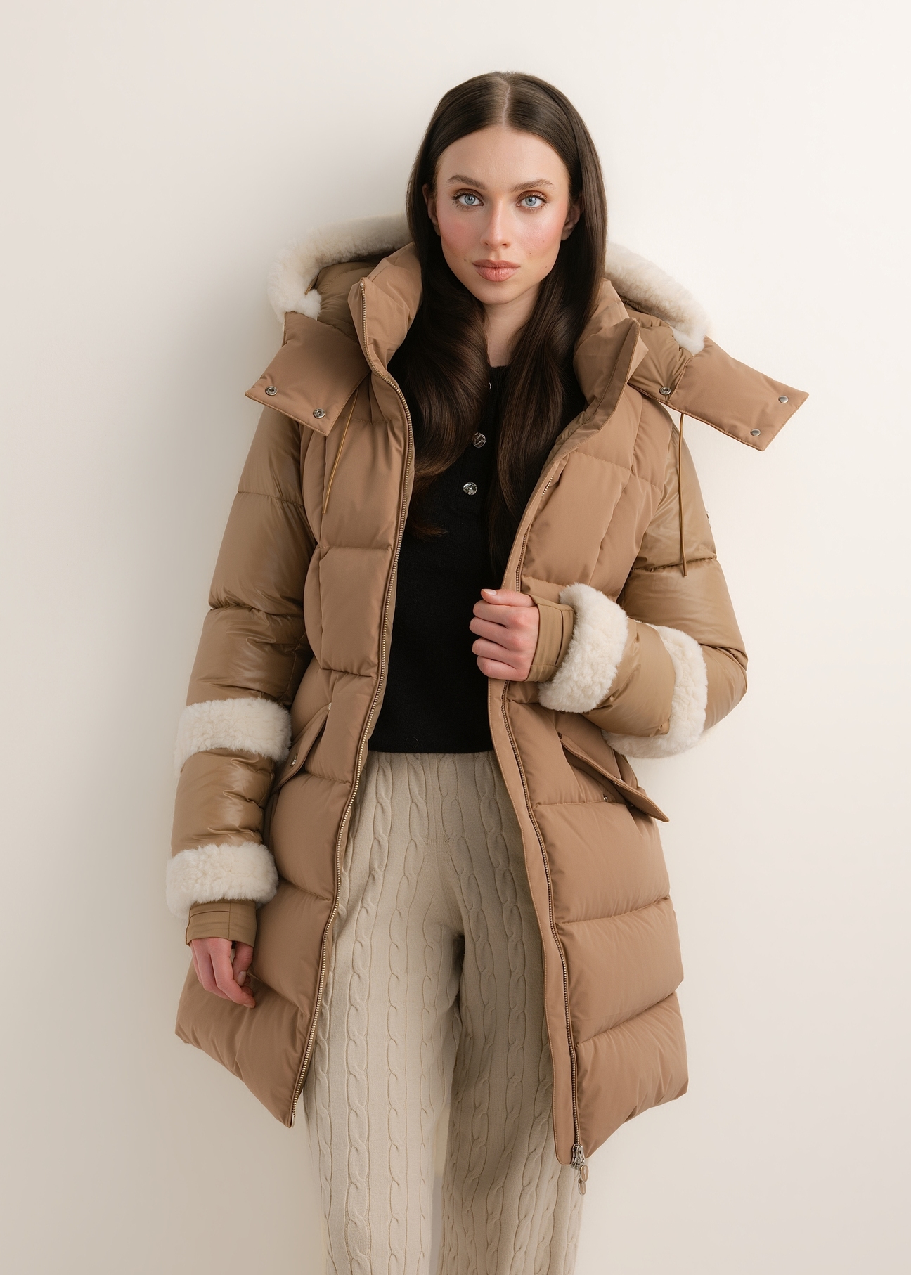 Beige women's winter jacket KURDT-0697-1B(Z26), front view on a model. Half-body shot.
