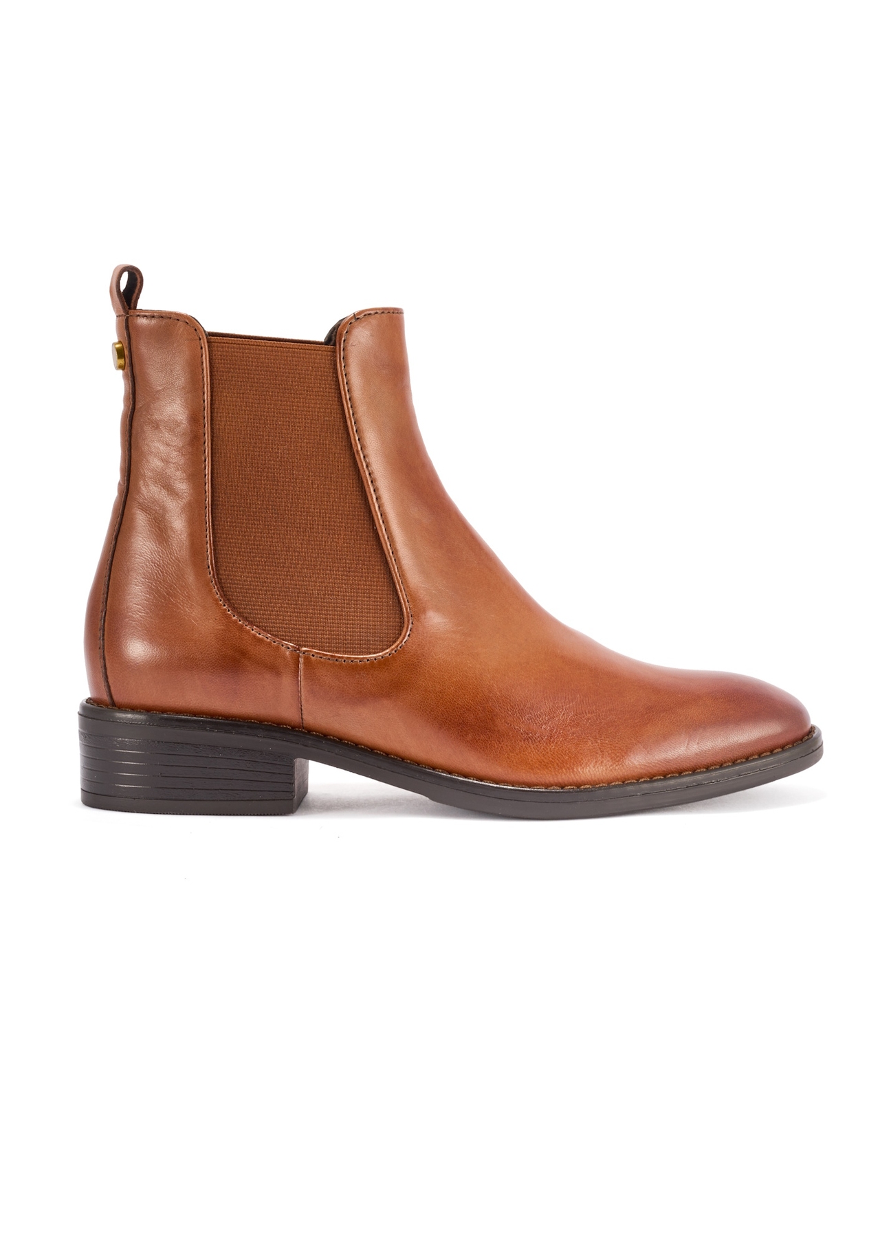 Women's leather ankle boots in cognac color BUTYD-0936A-87(Z25), side view of the product on a white background.