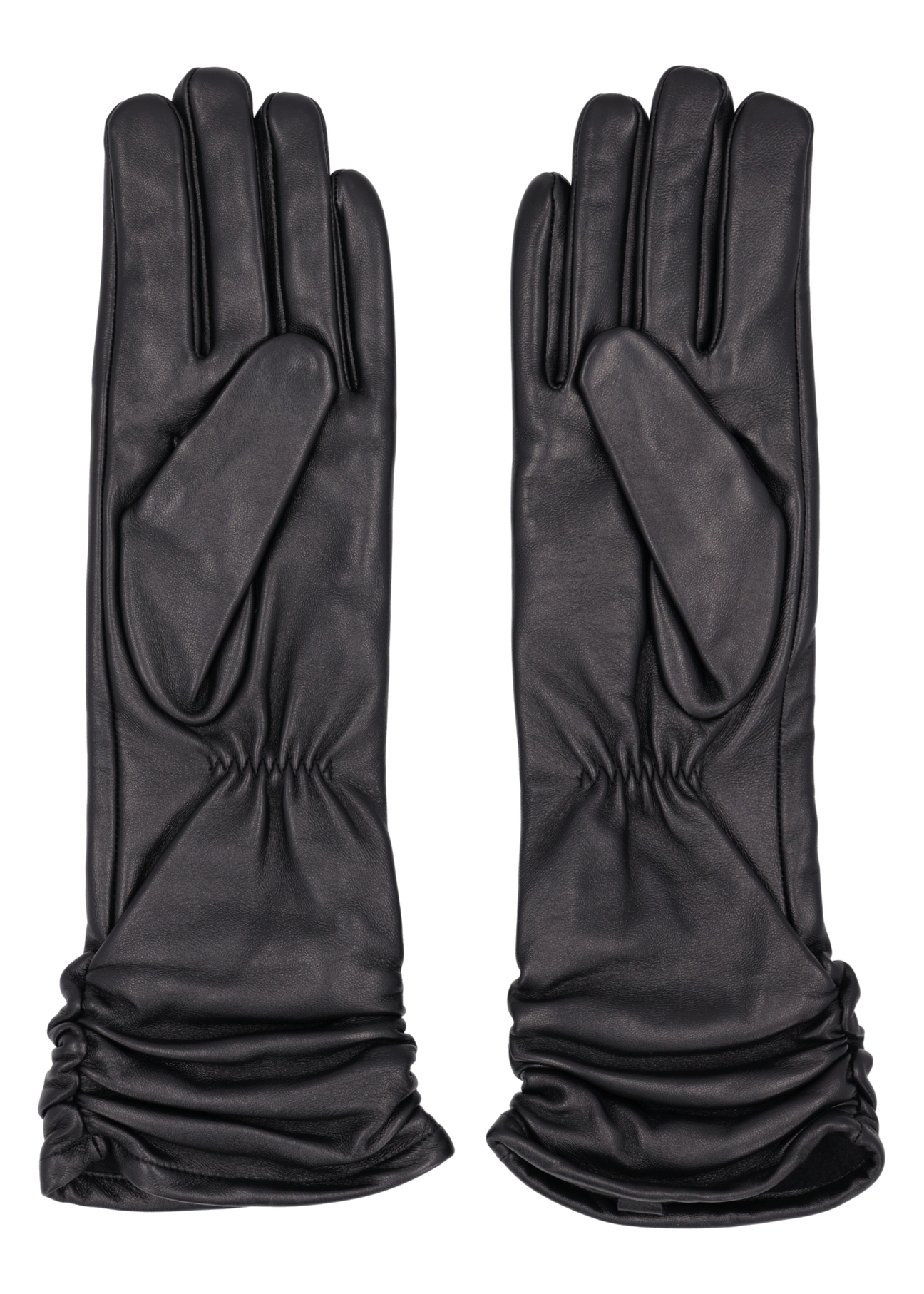 Women's black leather gloves with ruffles REKDS-0102-99(Z26), product view from above on white background.