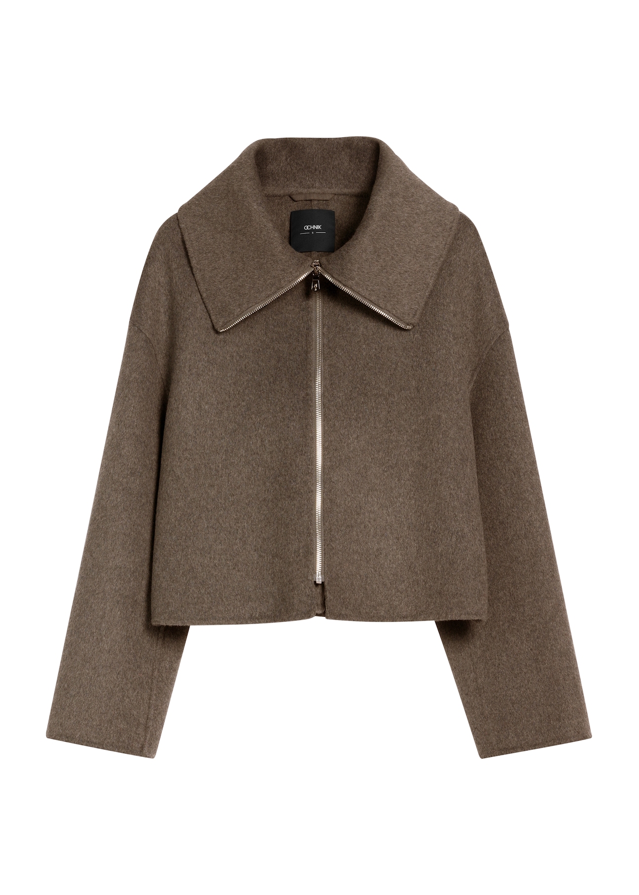 Women's short coat in brown color PLADT-0066-89(Z25), product view from the front on a white background.