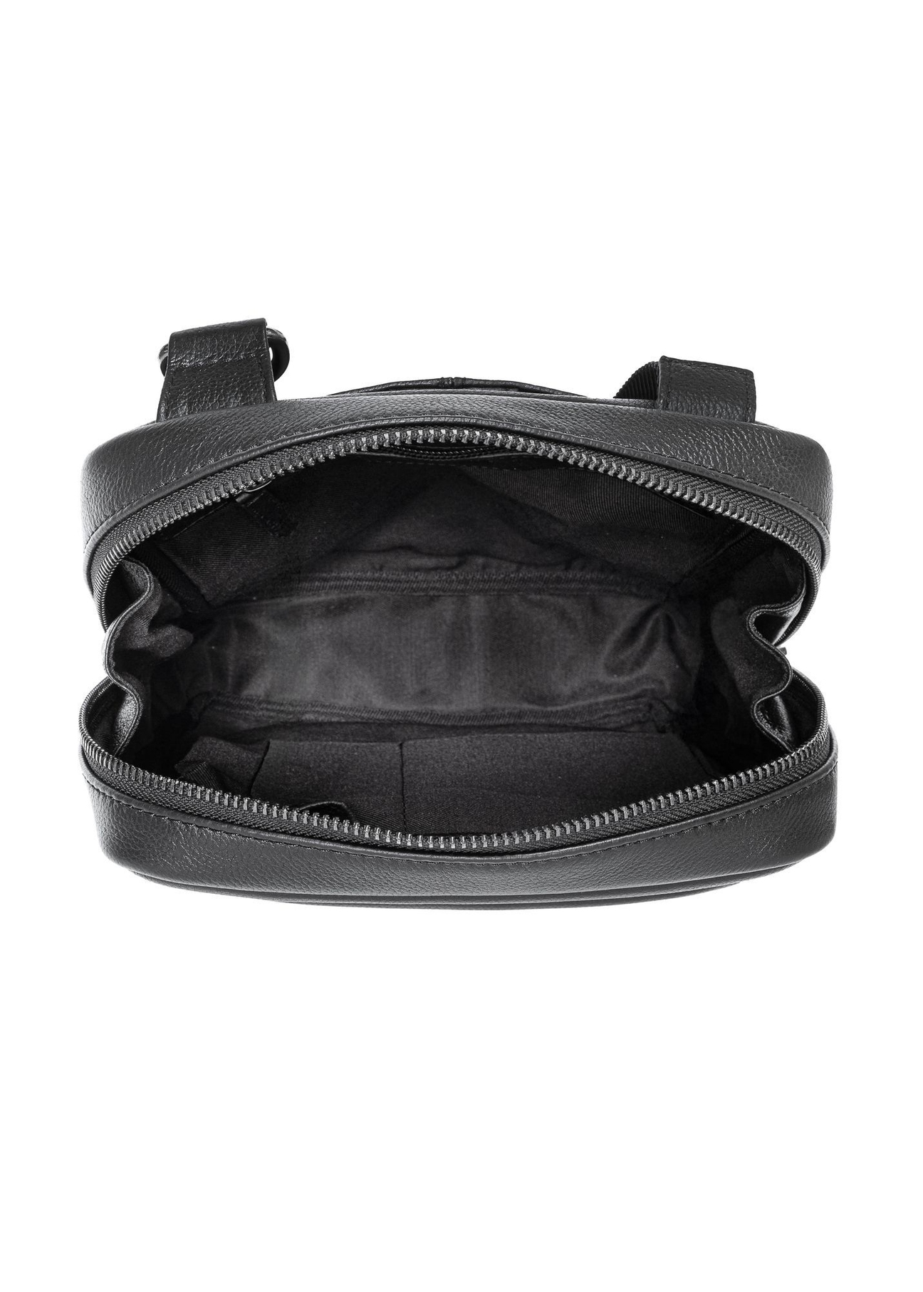 Men's leather black zipper bag TORMS-0016R-9I(W26), product view inside on white background.
