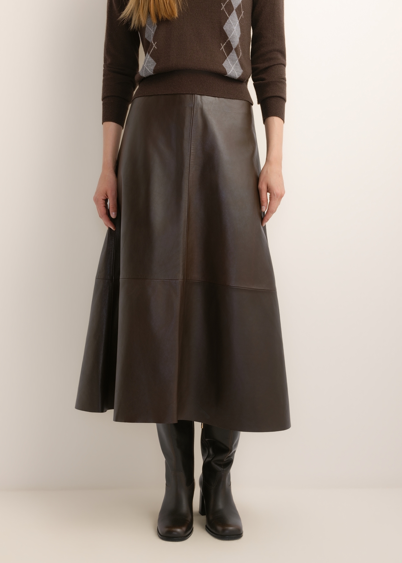 Brown leather midi skirt SPCDS-0077-1I(Z26) - front product view, against a light background. Half of the silhouette visible.