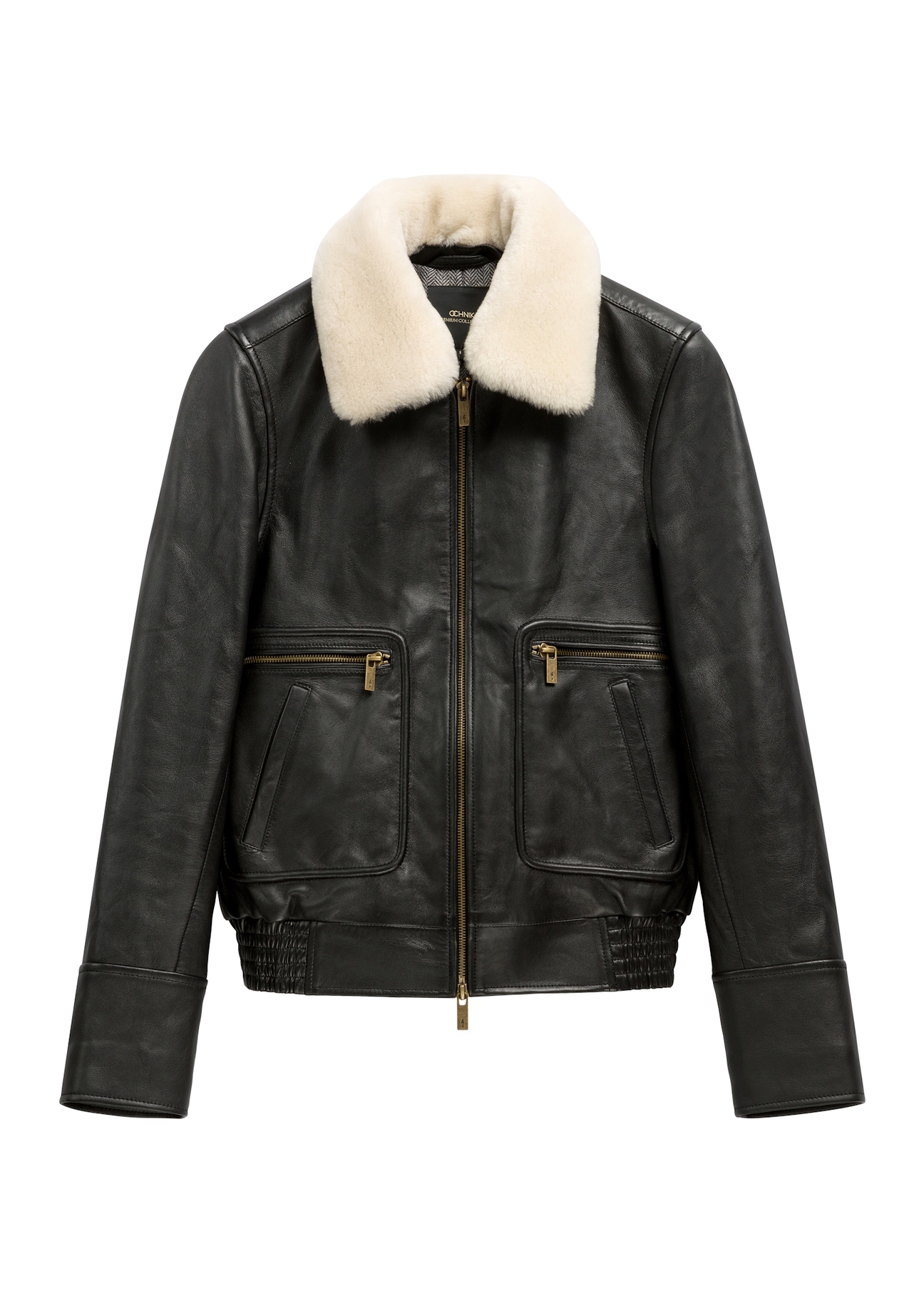 Black leather bomber jacket KURDS-0646-99(Z26), front view of the product on a white background.