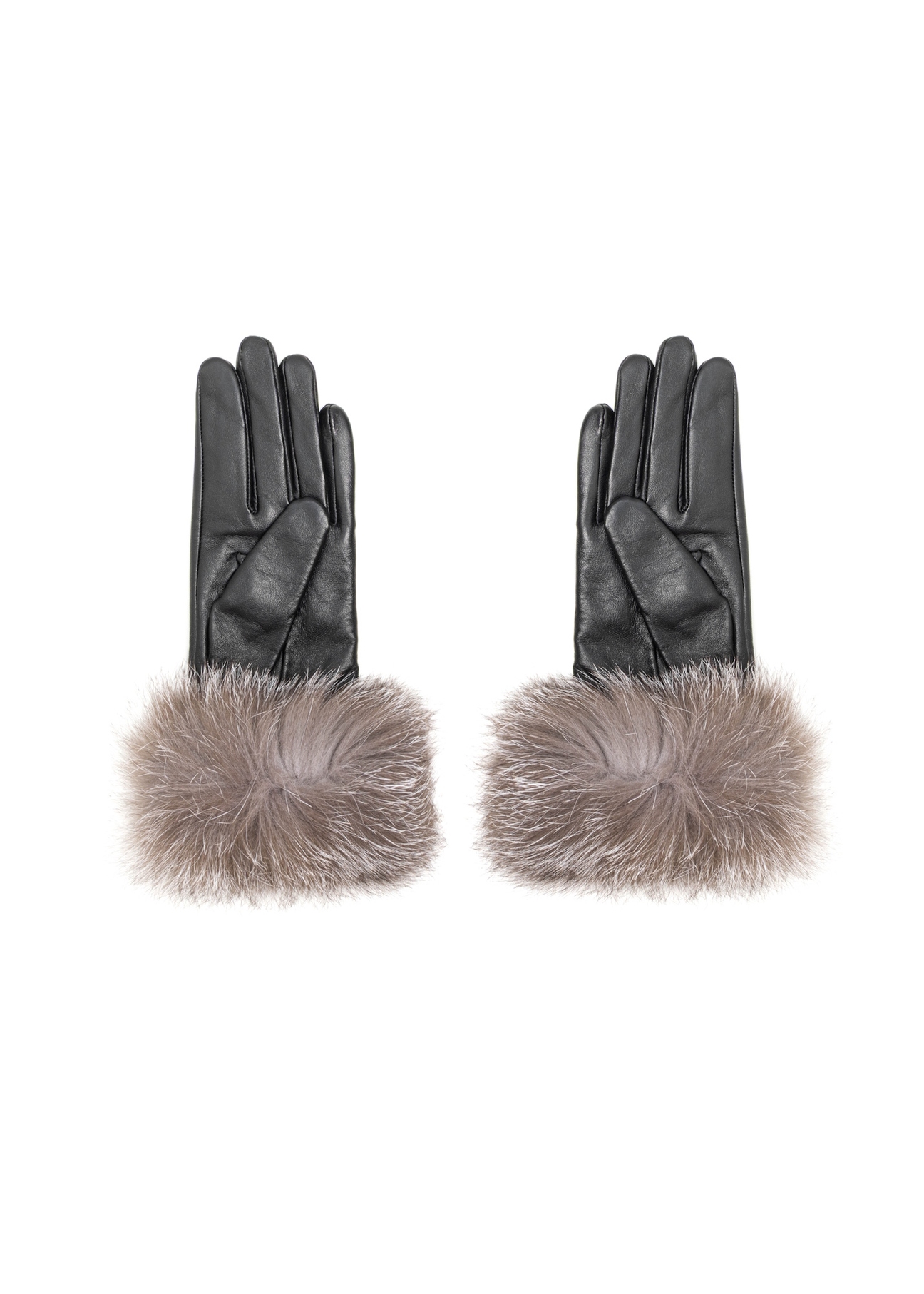 Women's black leather gloves with fur trim REKDS-0111-99(Z26), rear view of the product on a white background.