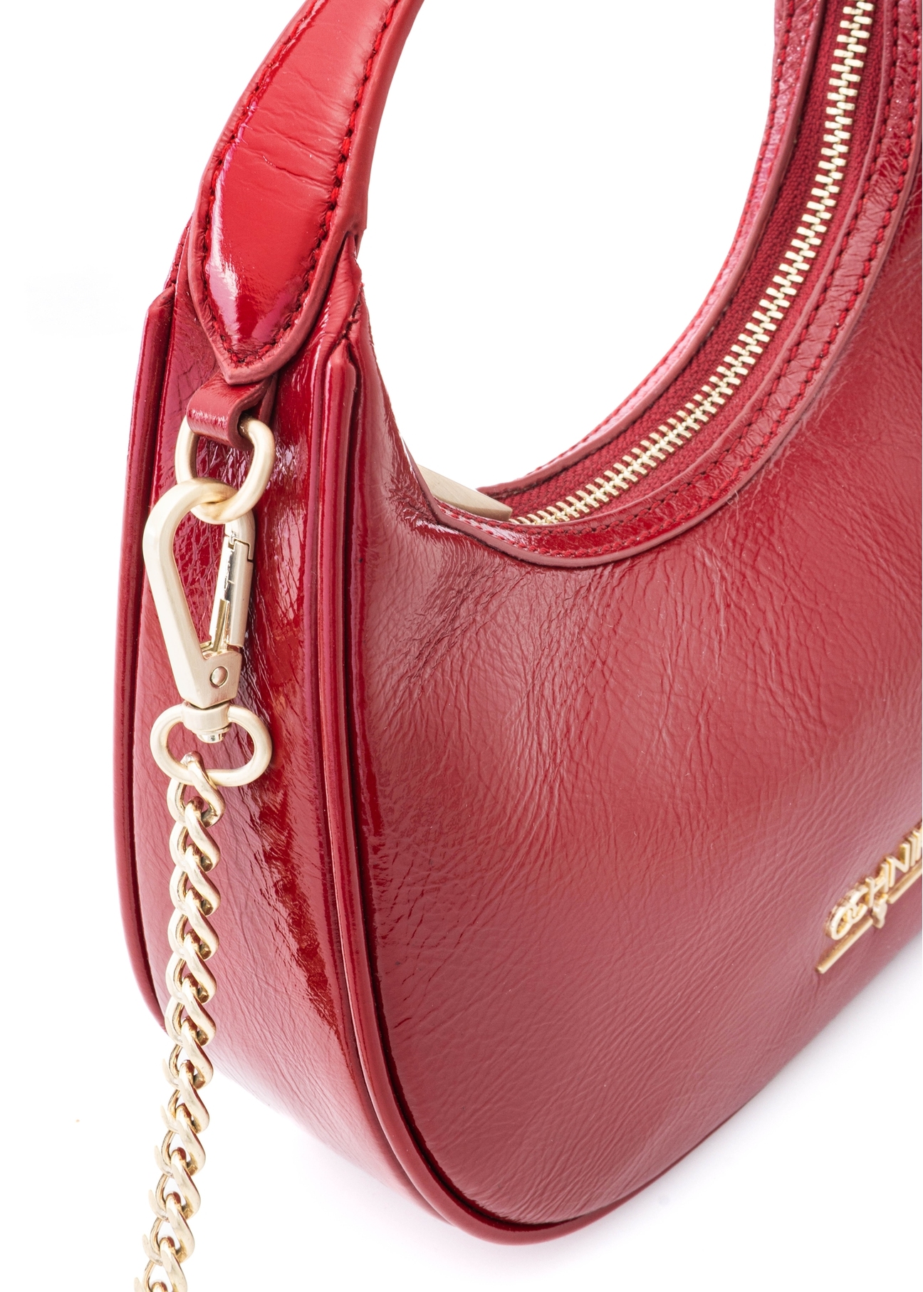 Red leather hobo bag TORES-1216-4B(W26), close-up of product detail, view on white background.