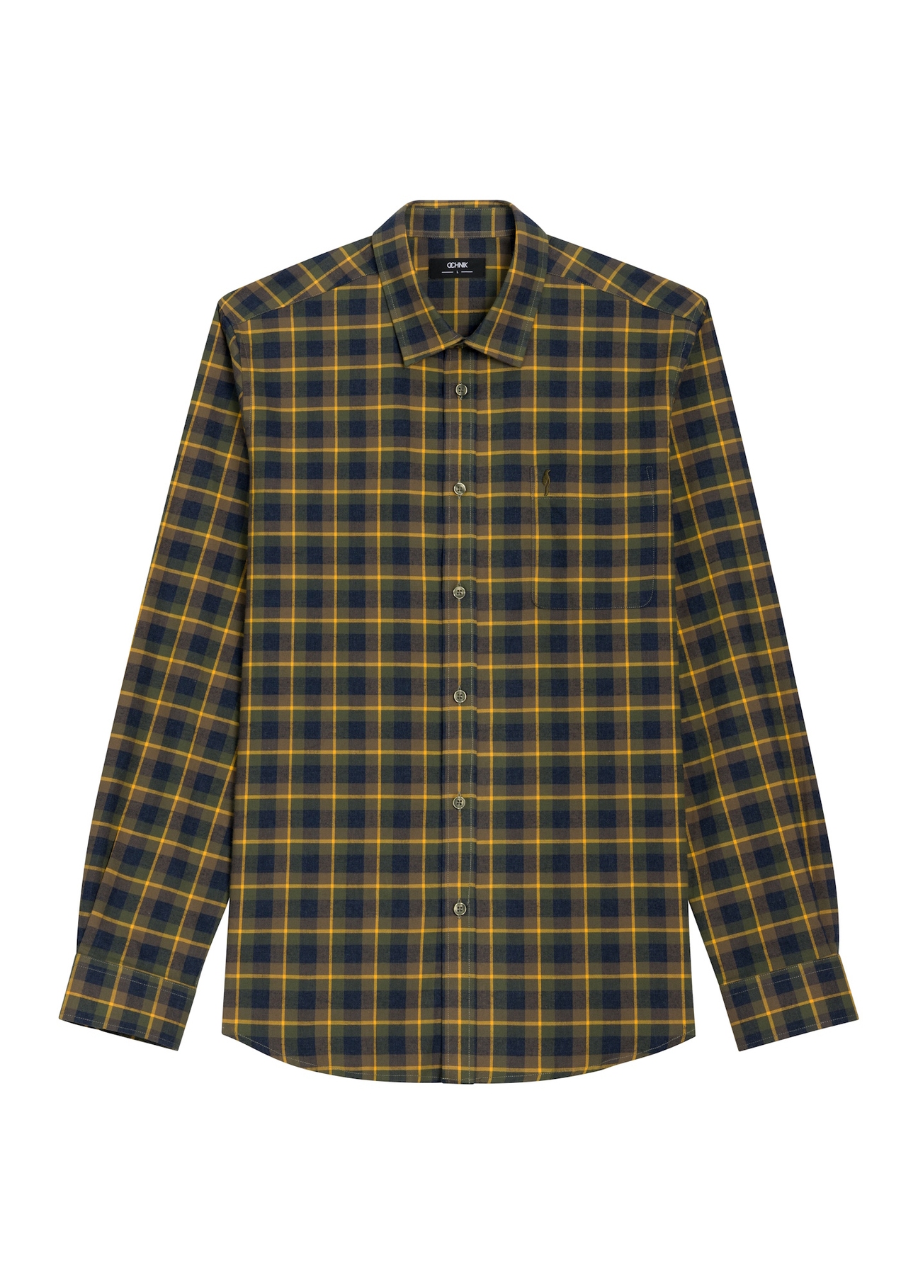 Men's khaki plaid shirt KOSMT-0369-8D(Z26), front view on a white background.