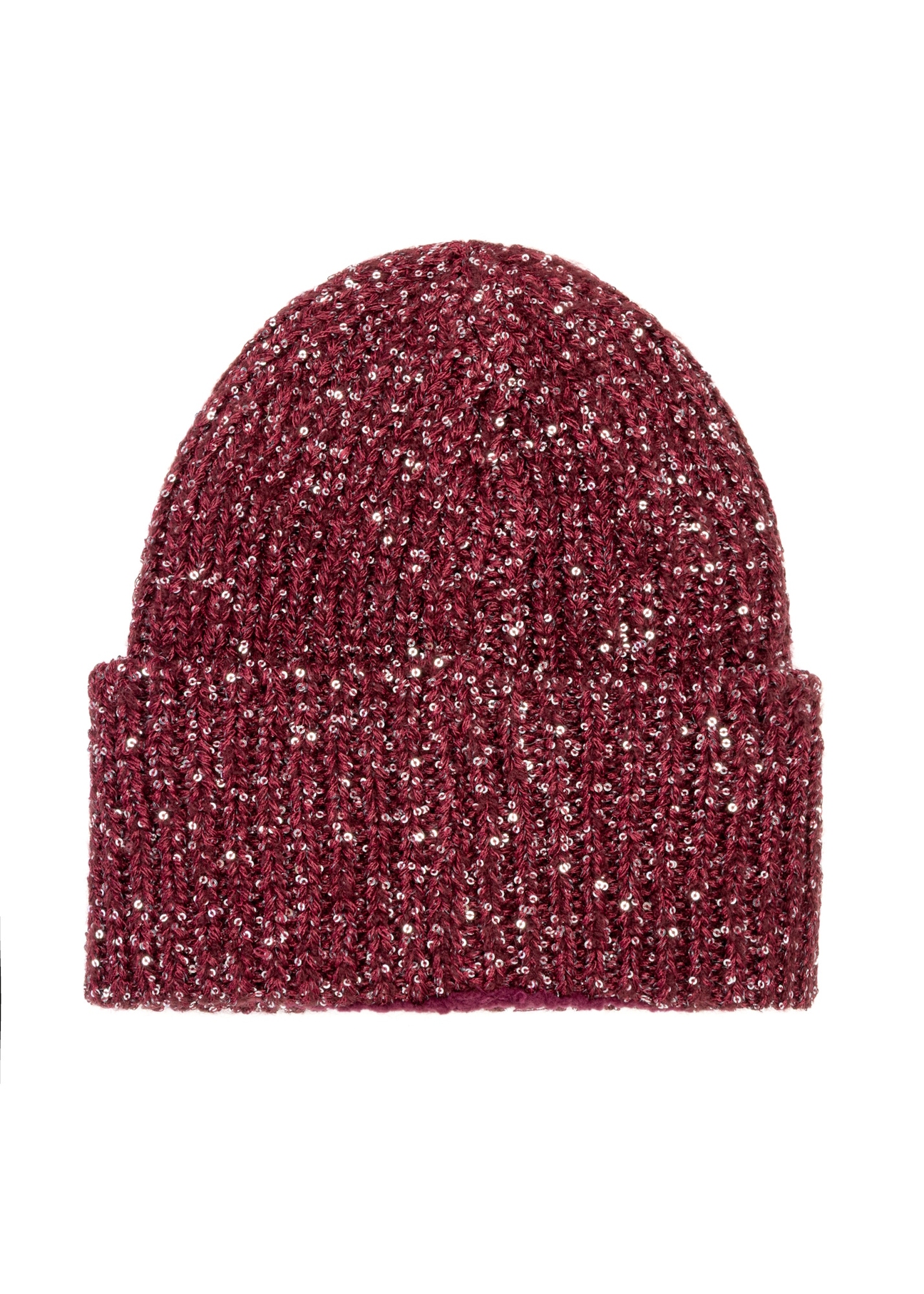 Burgundy women's hat with sequins CZADT-0211-49(Z25), back view of the product on a white background.