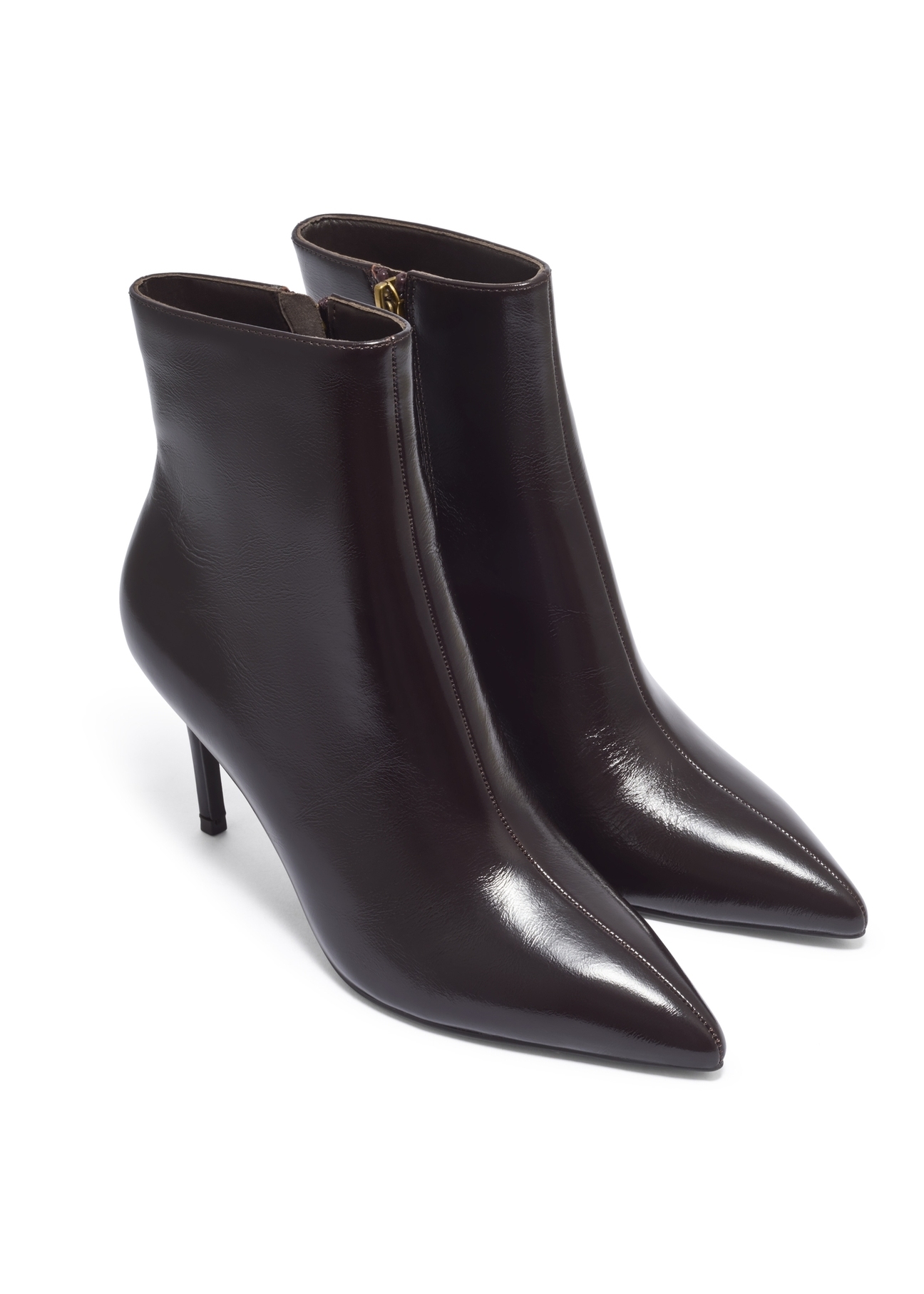 Dark brown leather stiletto ankle boots BUTYD-1122-1I(Z26). Front diagonal view on white background.