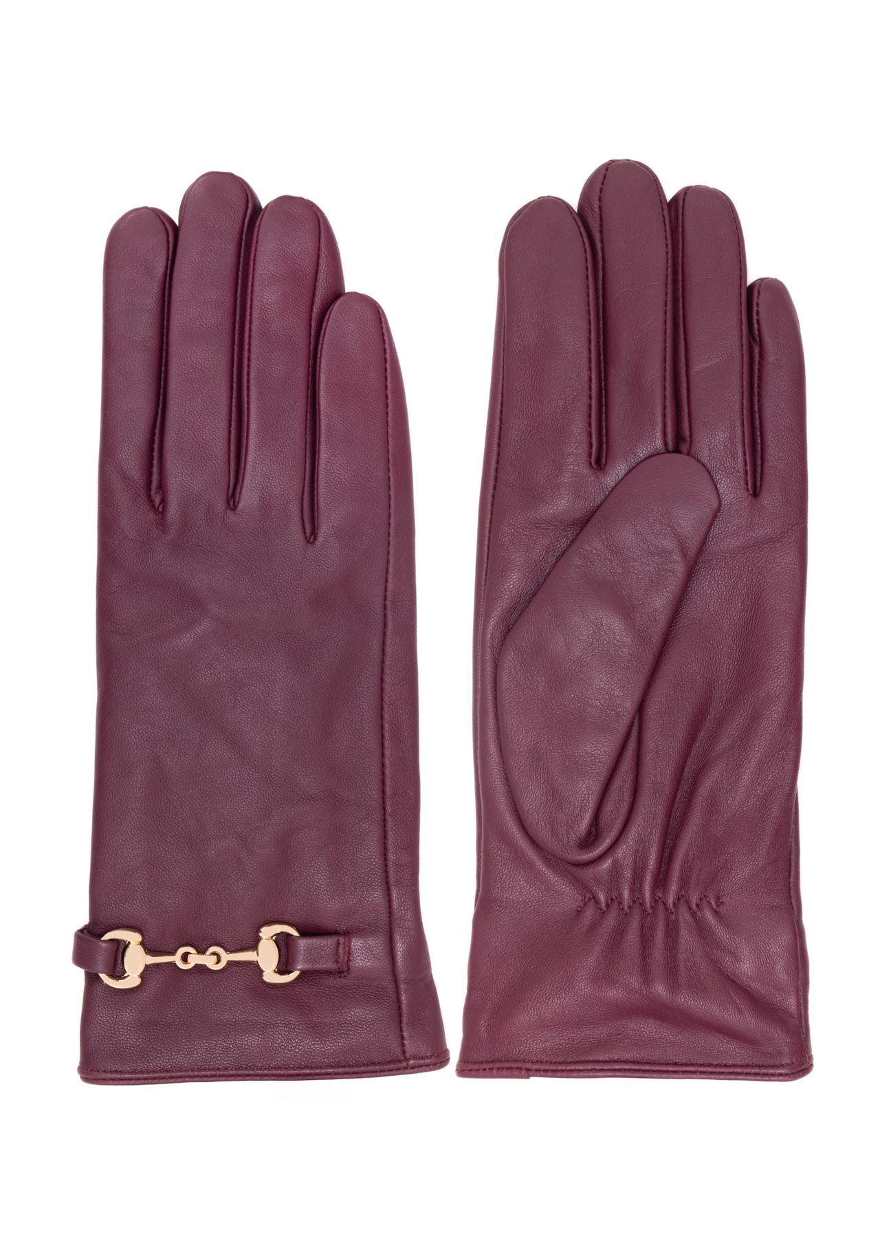 Burgundy women's leather gloves with buckle REKDS-0087-49(Z25), front product view on white background.