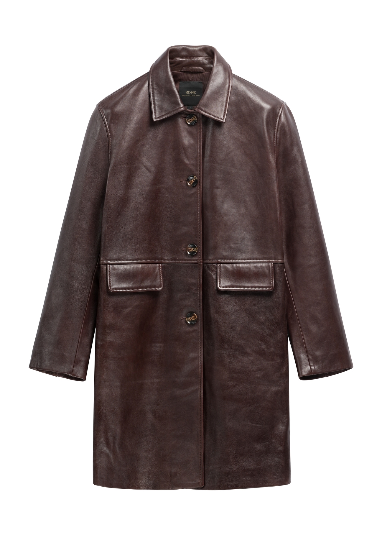 Brown women's leather coat KURDS-0649-1H(Z26), front product view on white background.
