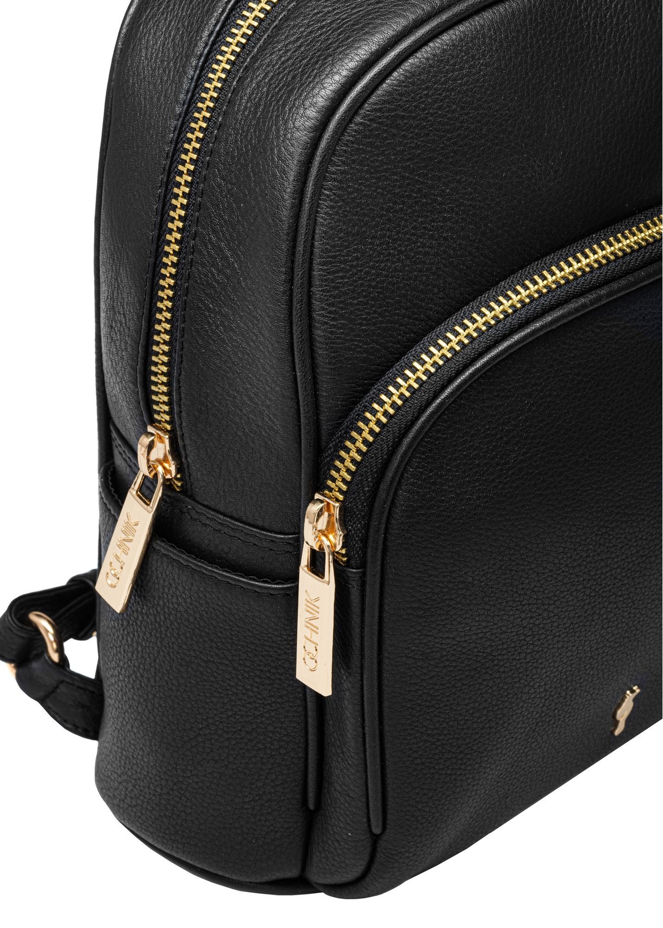 Black leather women's backpack TORES-1089A-99(W26), close-up of product detail on white background.