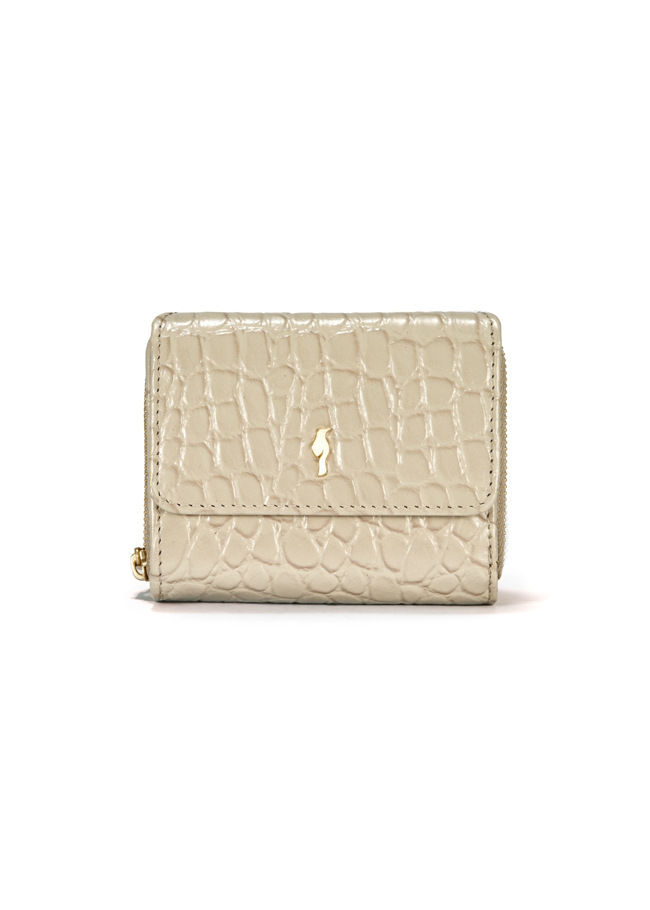 Small leather cream women's croco wallet PORES-0957-12(W25) front view on white background.