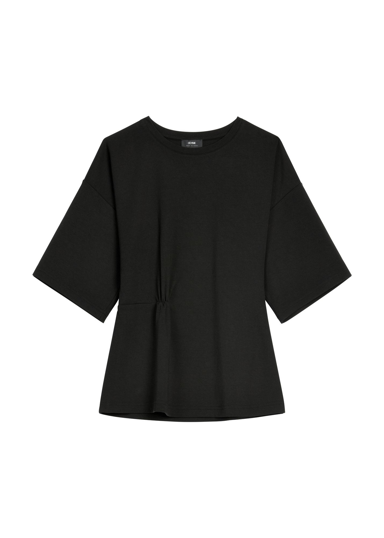 Women's black draped blouse TSHDT-0163-99(Z26) - front product view, on white background.