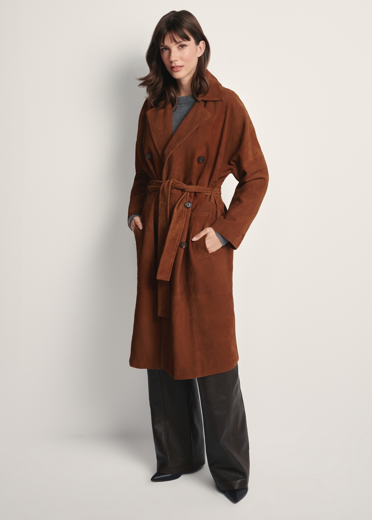 Women's brown oversized suede coat KURDS-0551-0775(Z25), front view of the product on the model. Full body visible.