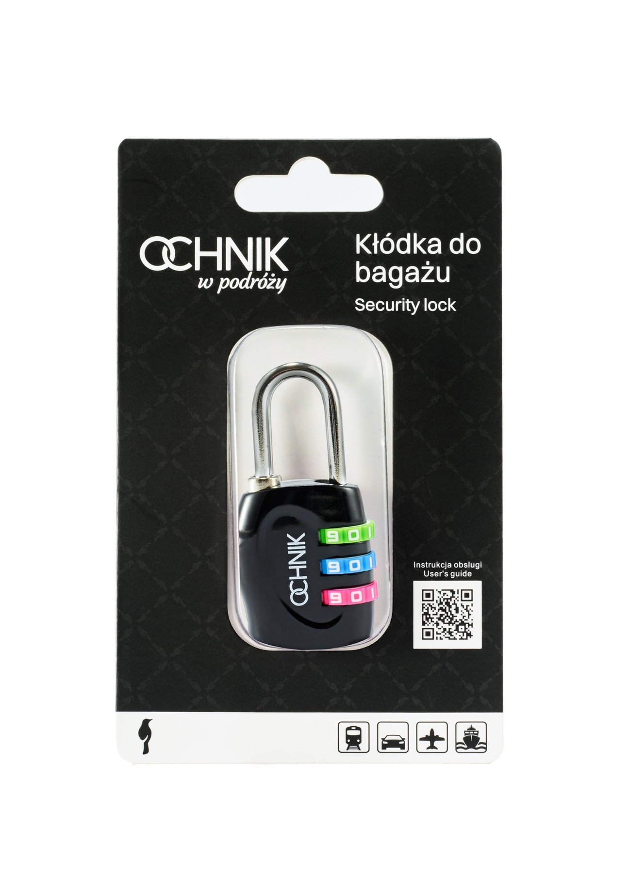Black combination padlock AW-015-0001-99(W25), front view of the product in the packaging on a white background.