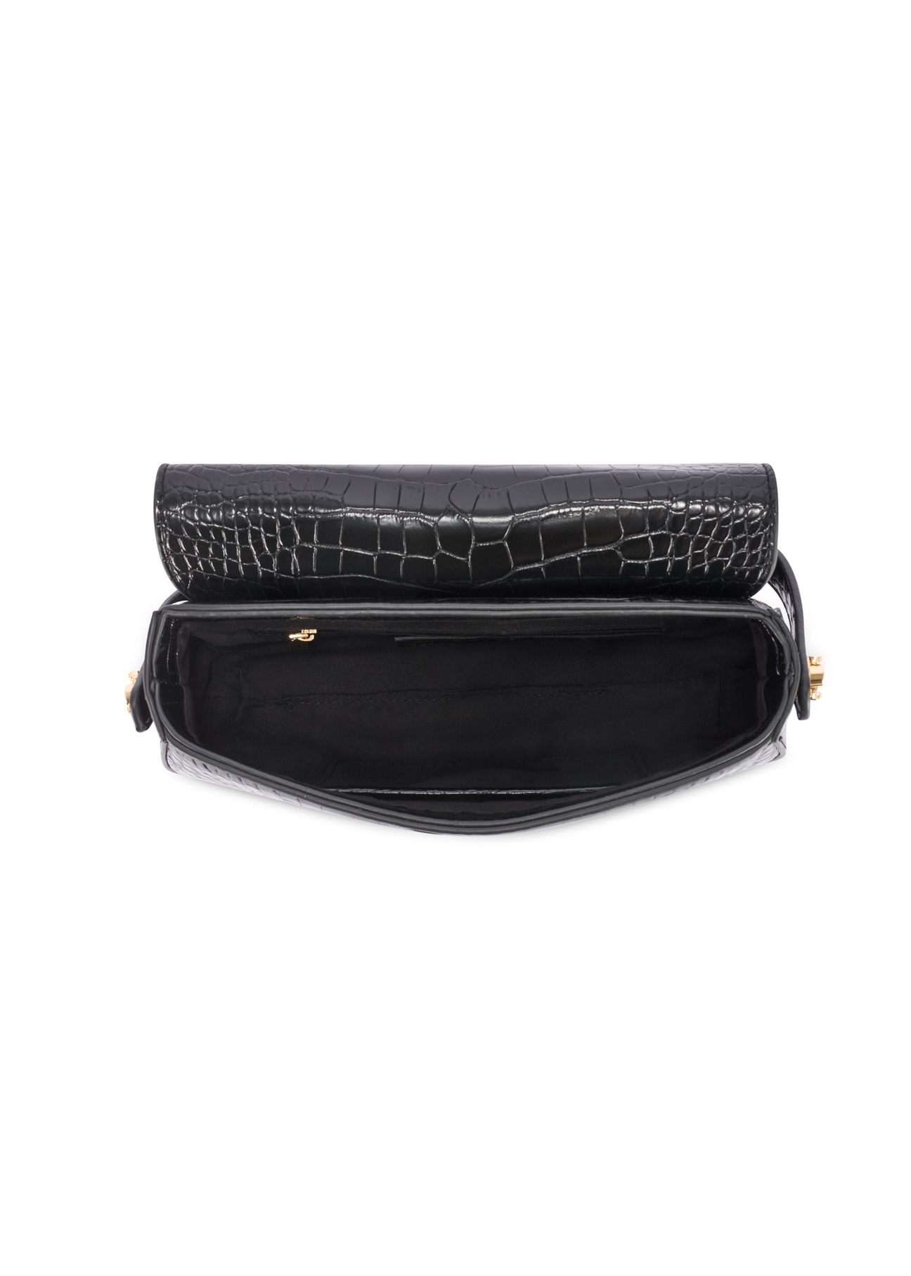 Small black women's croco messenger bag TOREC-1185-9G(W26), product view inside on white background.