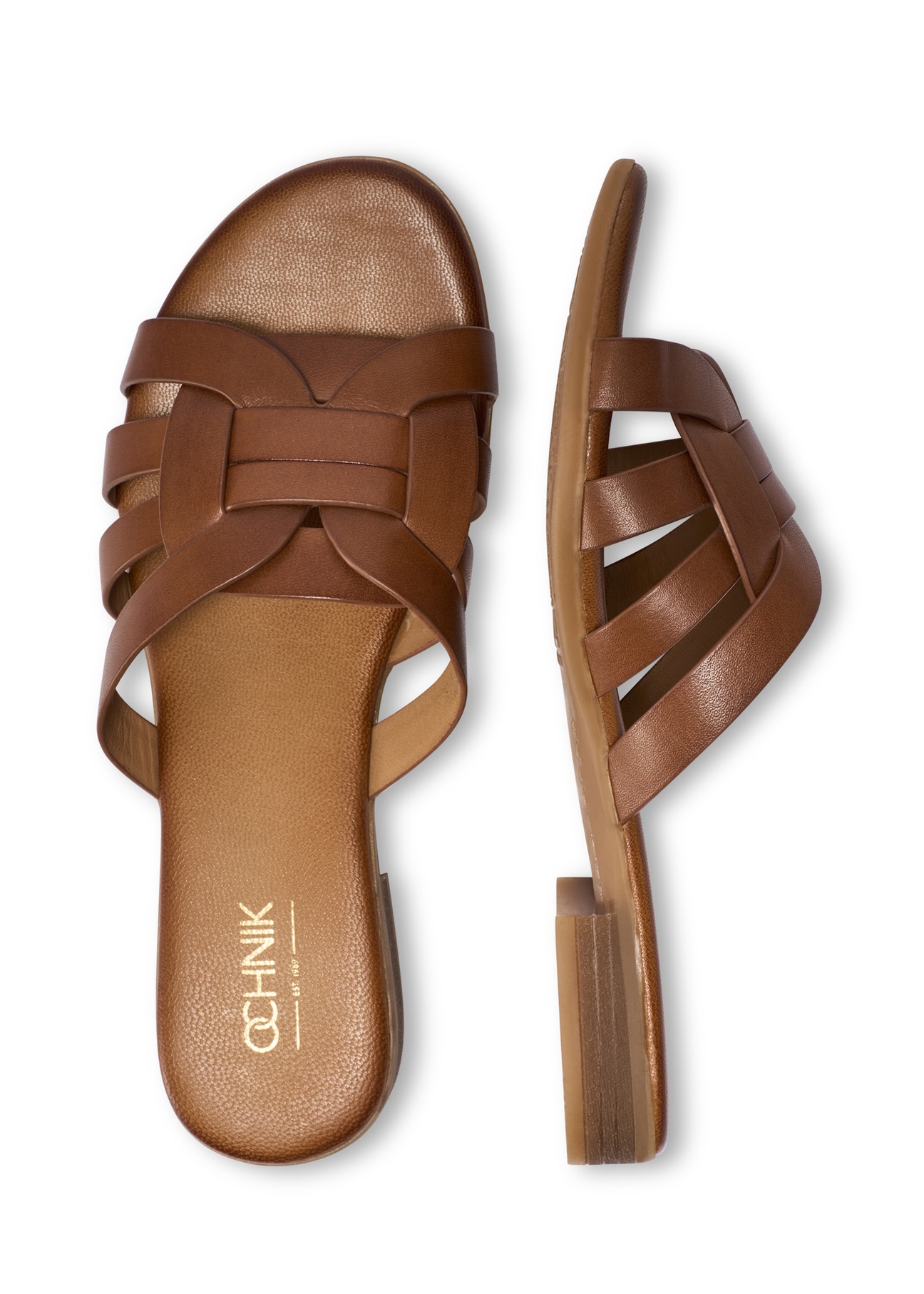 Women's leather mules in cognac color BUTYD-1266-1F(W26), product view from above on a white background.