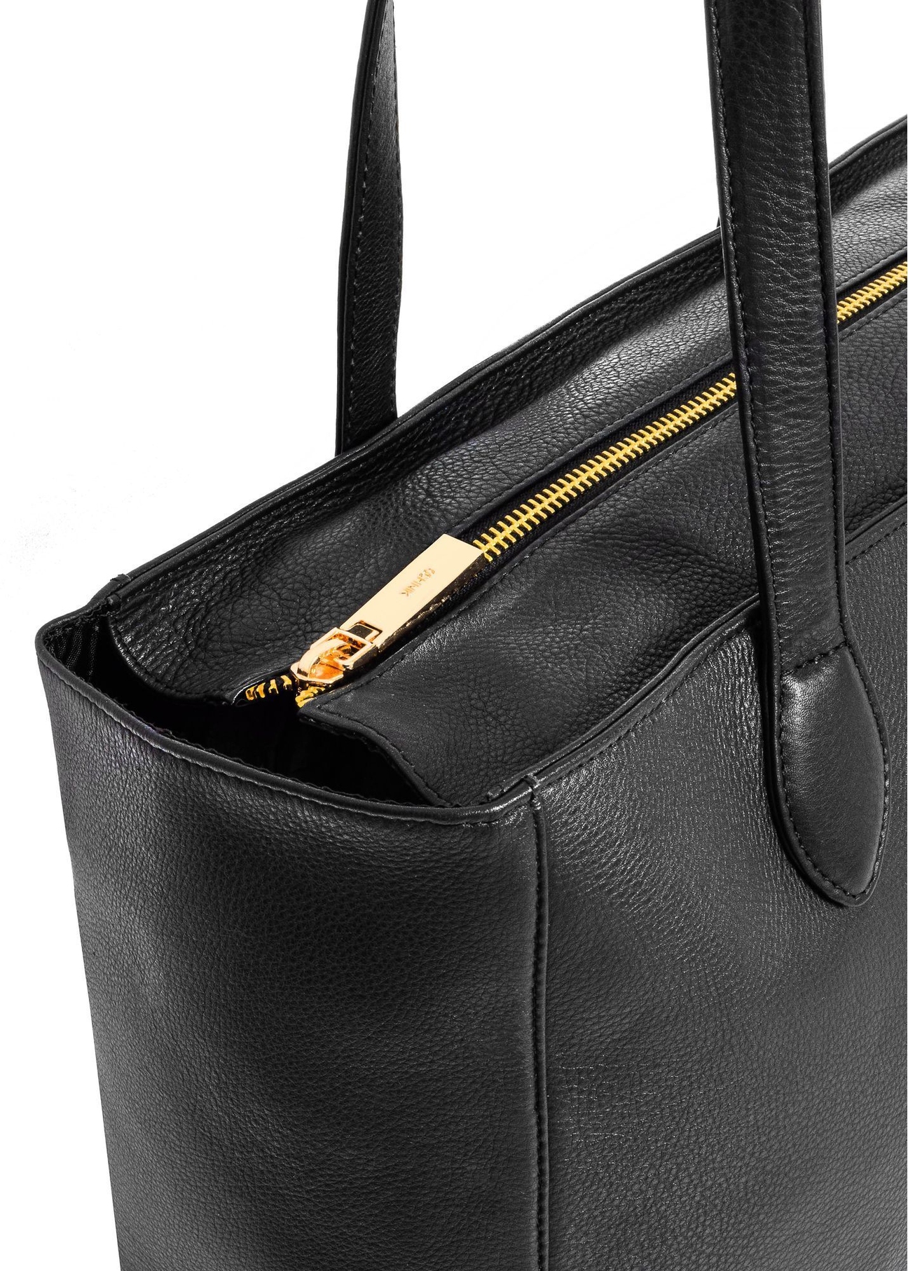 Black leather women's shopper bag TORES-0971F-99(W26) - close-up of the detail on a white background.