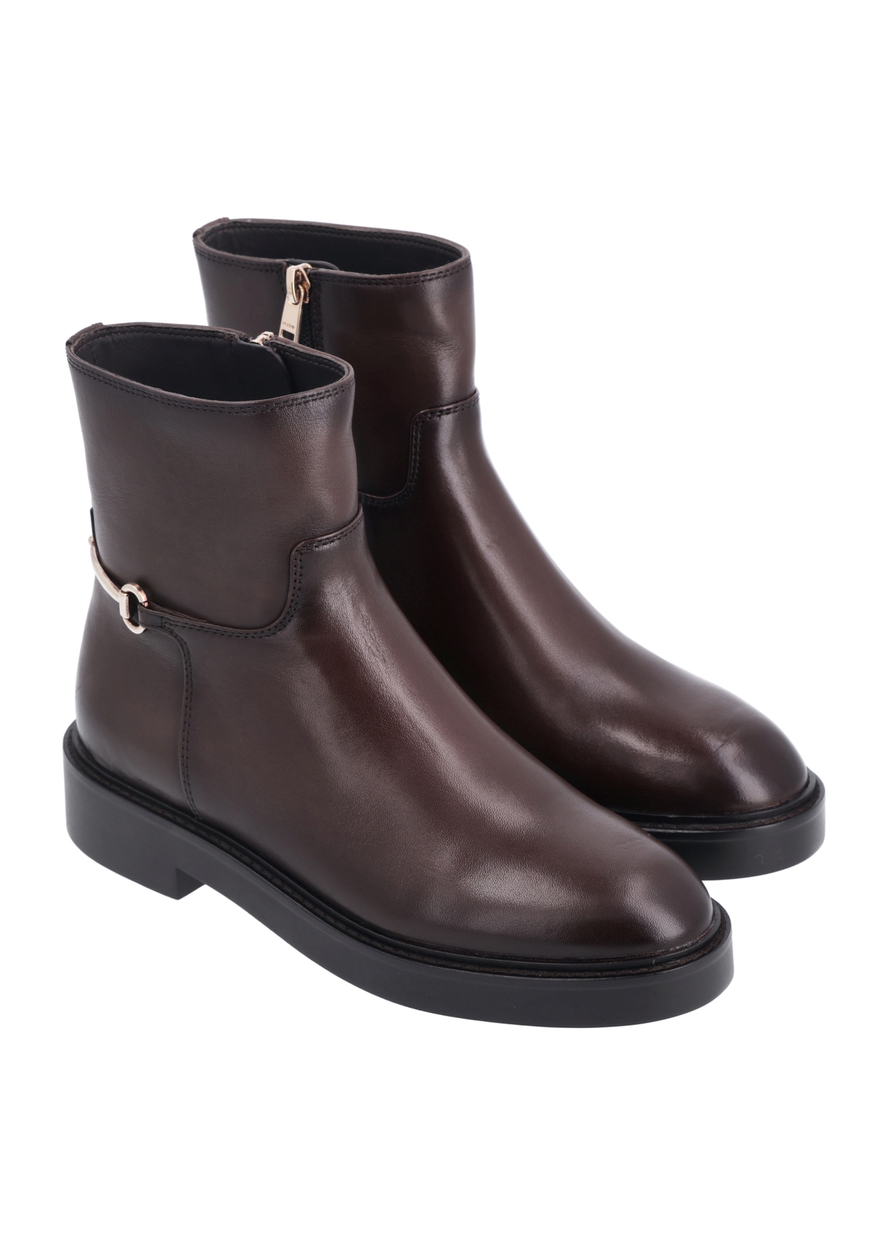 Women's dark brown leather ankle boots BUTYD-1290-1I(Z26), diagonal product view on a white background.