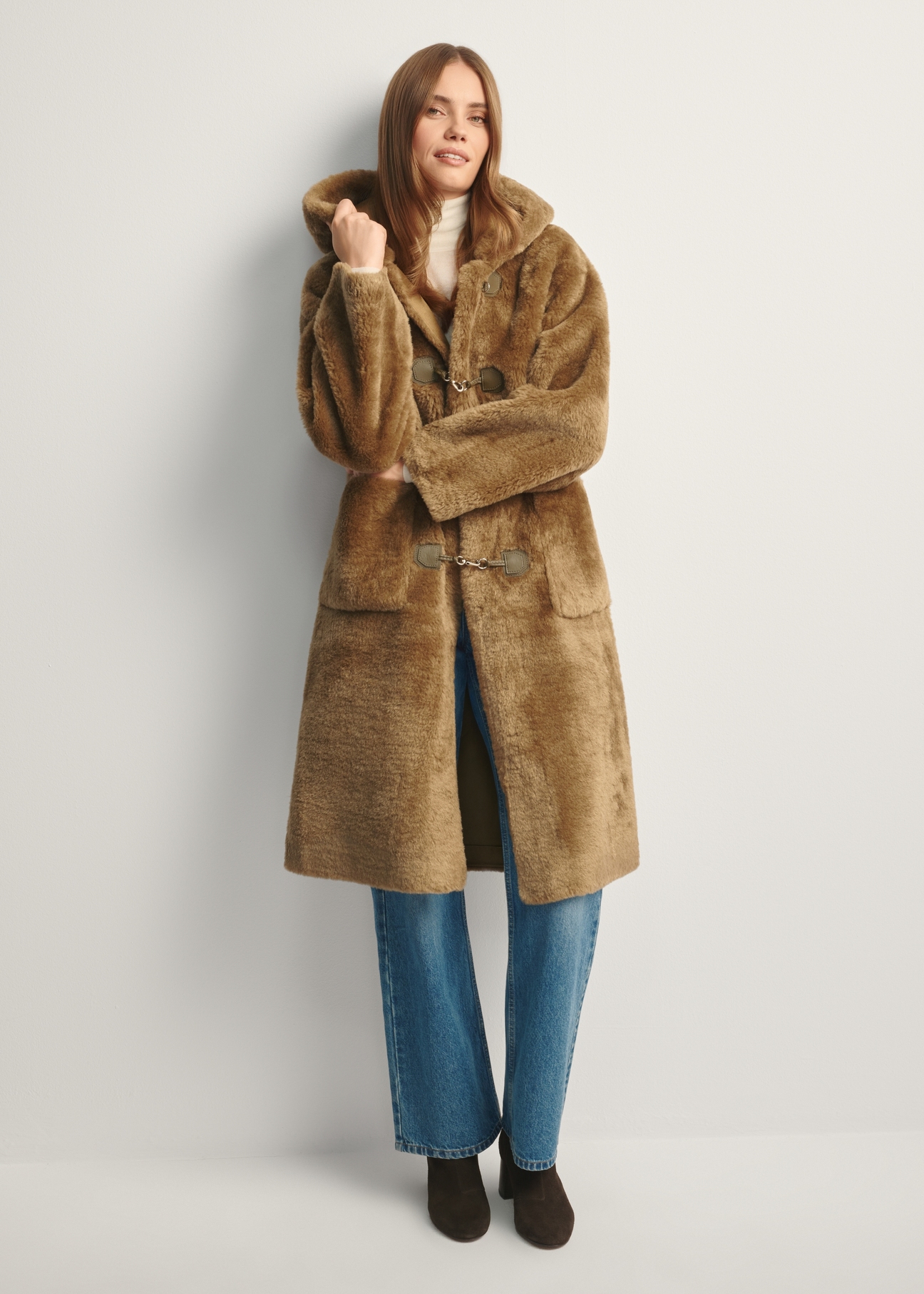 Women's khaki fur coat FUTDP-0070-55(Z25), front view of the product on the model, the entire silhouette is visible.