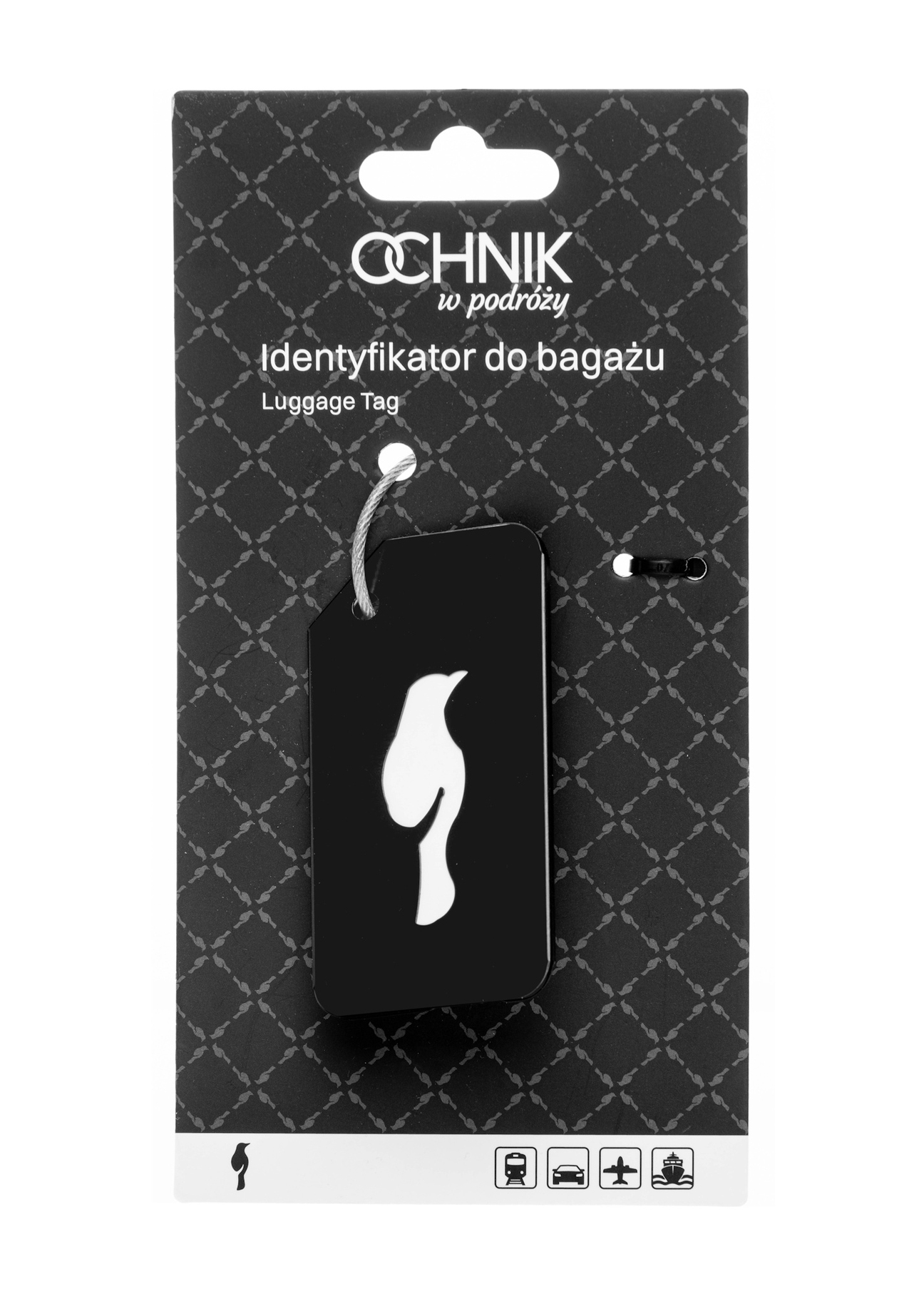Black luggage tag AW-012-0003-99(W26), view of the product in the packaging on a white background.