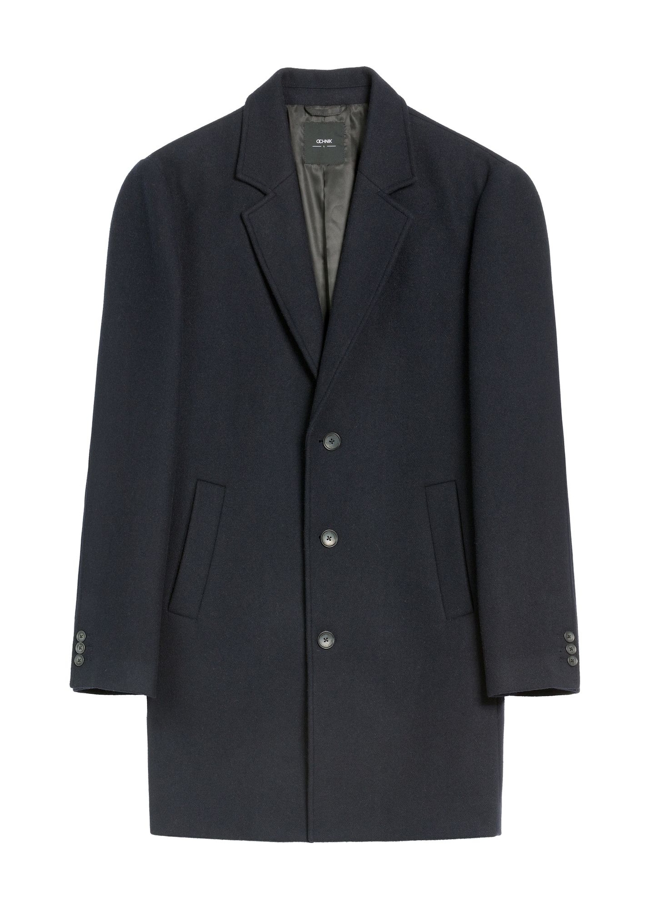 Navy blue men's coat PLAMT-0006-69(Z25), product view from the front on a white background.