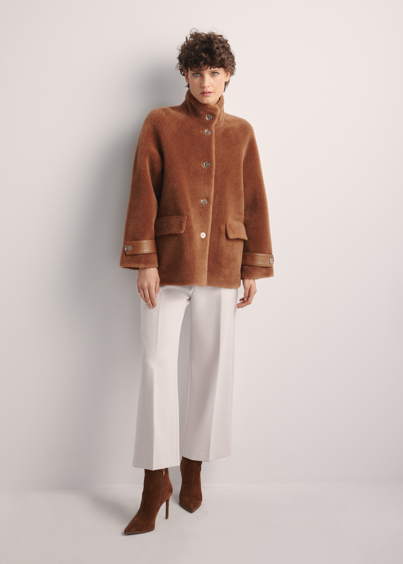 Women's woolen fur coat in camel color FUTDW-0032-24(Z25) - front view of the product on a model on a white background. The entire silhouette is visible.